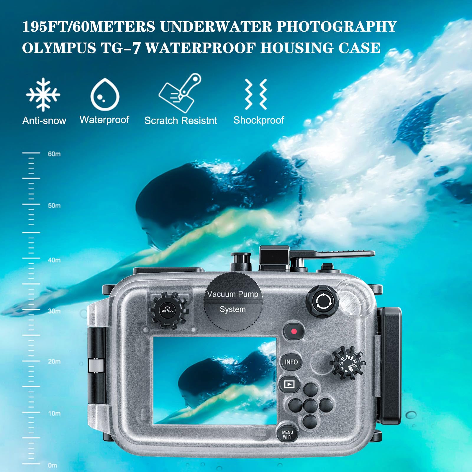 TG-7 Custodia subacquea per fotocamera, impermeabile 60 m, materiale PC con guarnizione O-Ring, compatibile con Olympus OM System Tough TG-7 (nero)