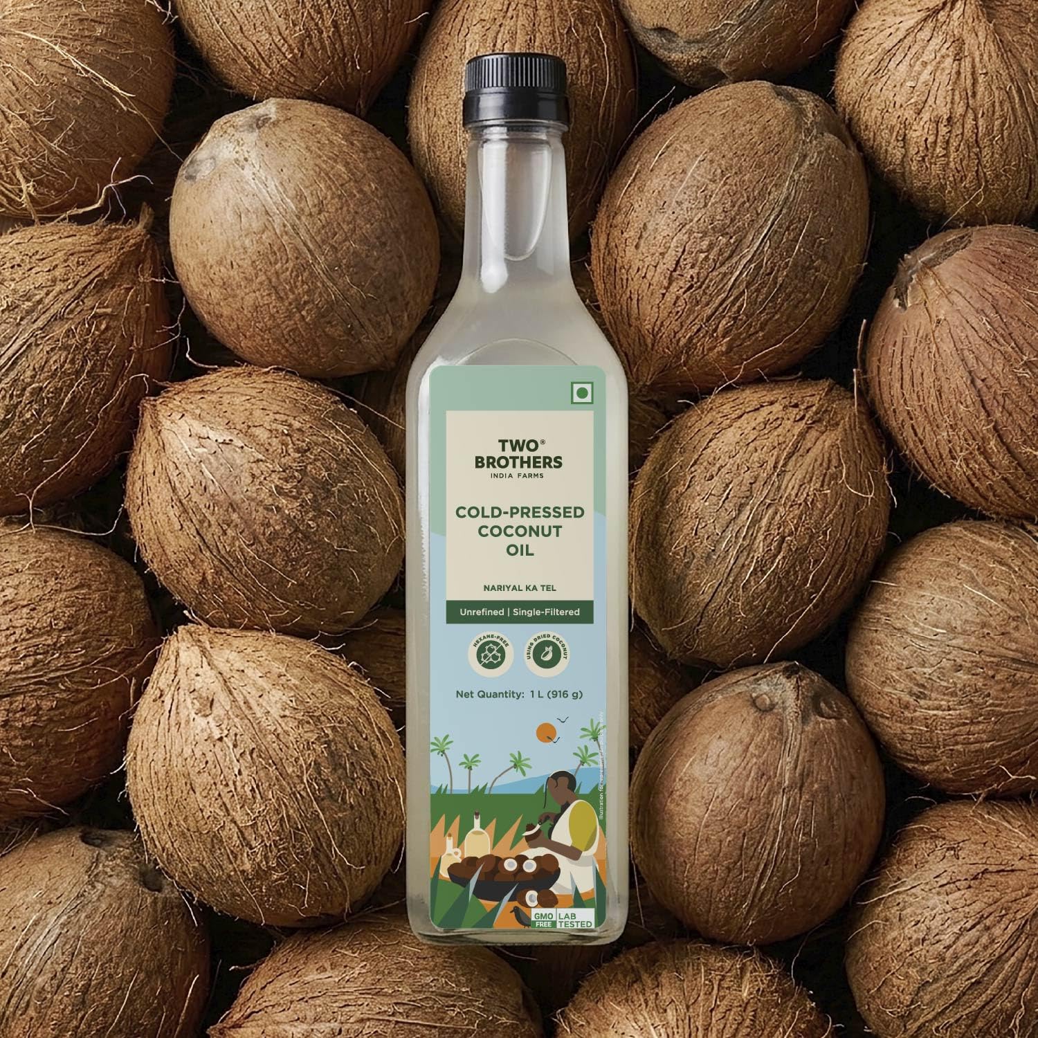 Two Brothers India Farms India's Only Certified Glyphosate Free | Coconut Oil, Made using Coconut | Hexane-free | Cold-Pressed and Single-Filtered Oil for better Cooking | 1 Litre 3