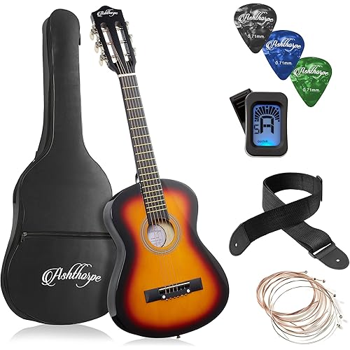 Ashthorpe 30-inch Beginner Acoustic Guitar Package (Sunburst), Basic Starter Kit w/Gig Bag, Strings, Strap, Tuner, Picks