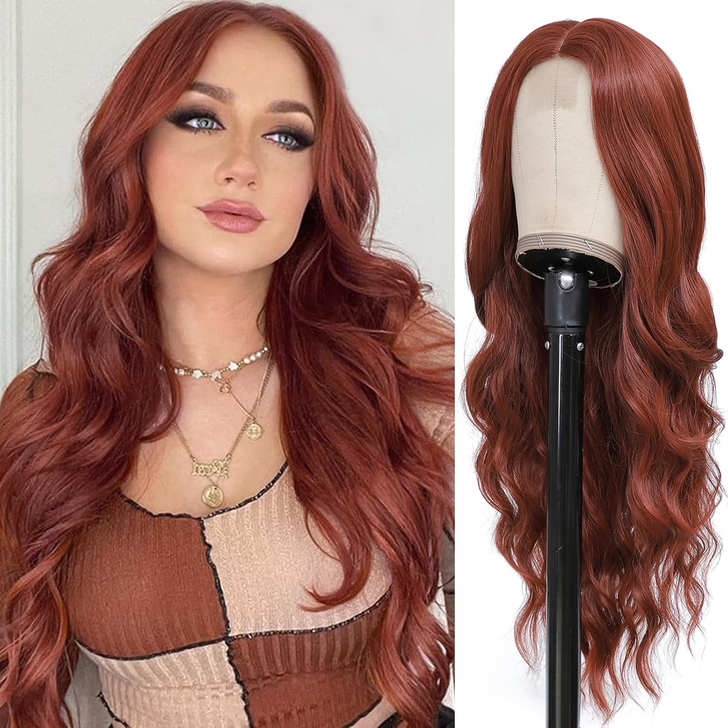Long Auburn Wavy Wigs for Women 26 Inch Middle Part Curly Wig Natural Looking Synthetic Copper Red Body Wave Wig for Cosplay Daily Party Use Halloween Cosplay Wig