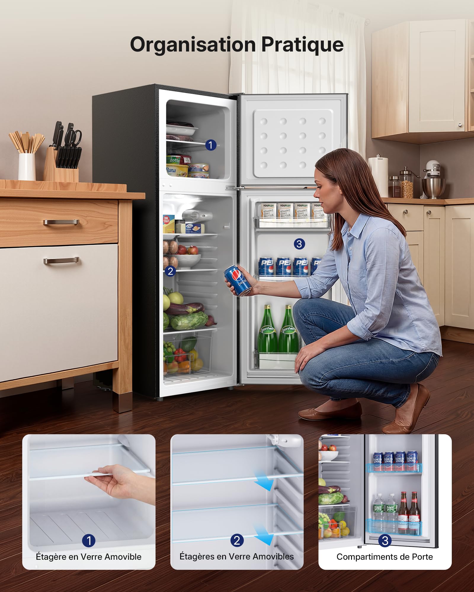Upstreman Frigo Congélateur Combiné Indépendant 132L (98L Réfrigération + 34L Congélation), 7 Niveaux de Température, Refroidissement rapide, Frigo Noir pour Studio, Petit Appartement et Bureau, TM132