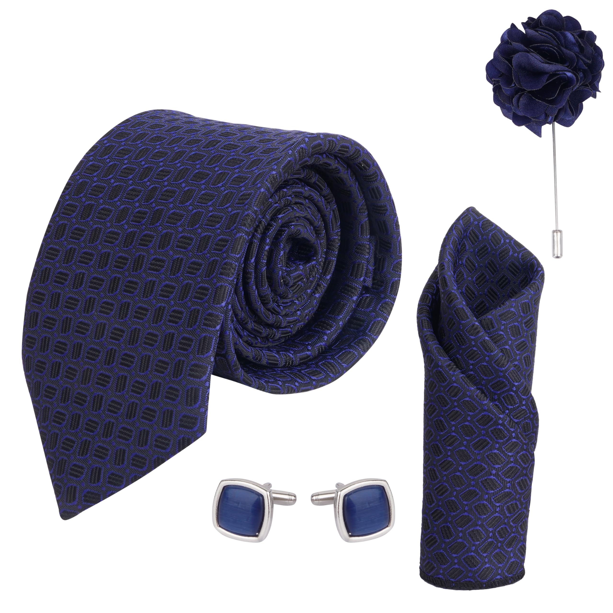 calixto Men's Microfibre Italian, Floral Printed Necktie Tie With Pocket Square,Lapel Pin,Cufflinks (Leatharite Gift Box) (Pack of 4) 17-picture-38
