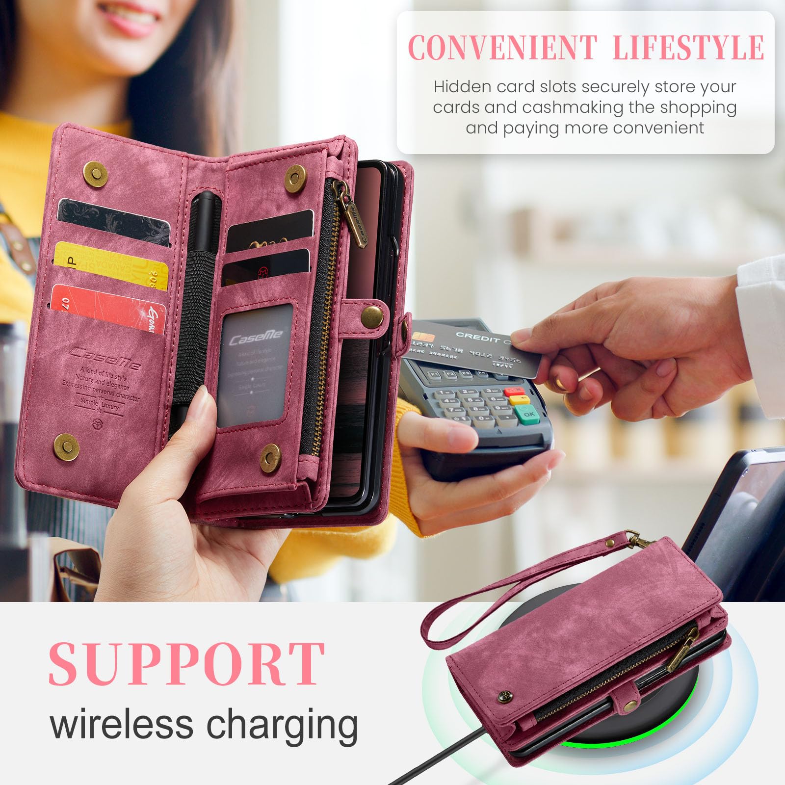 UFinetech Z Fold 6 Case, Shockproof Card Holder Flip Zipper Slots Wallet Cover for Galaxy Z Fold6 Case, Built-in S-Pen Holder - Image 4