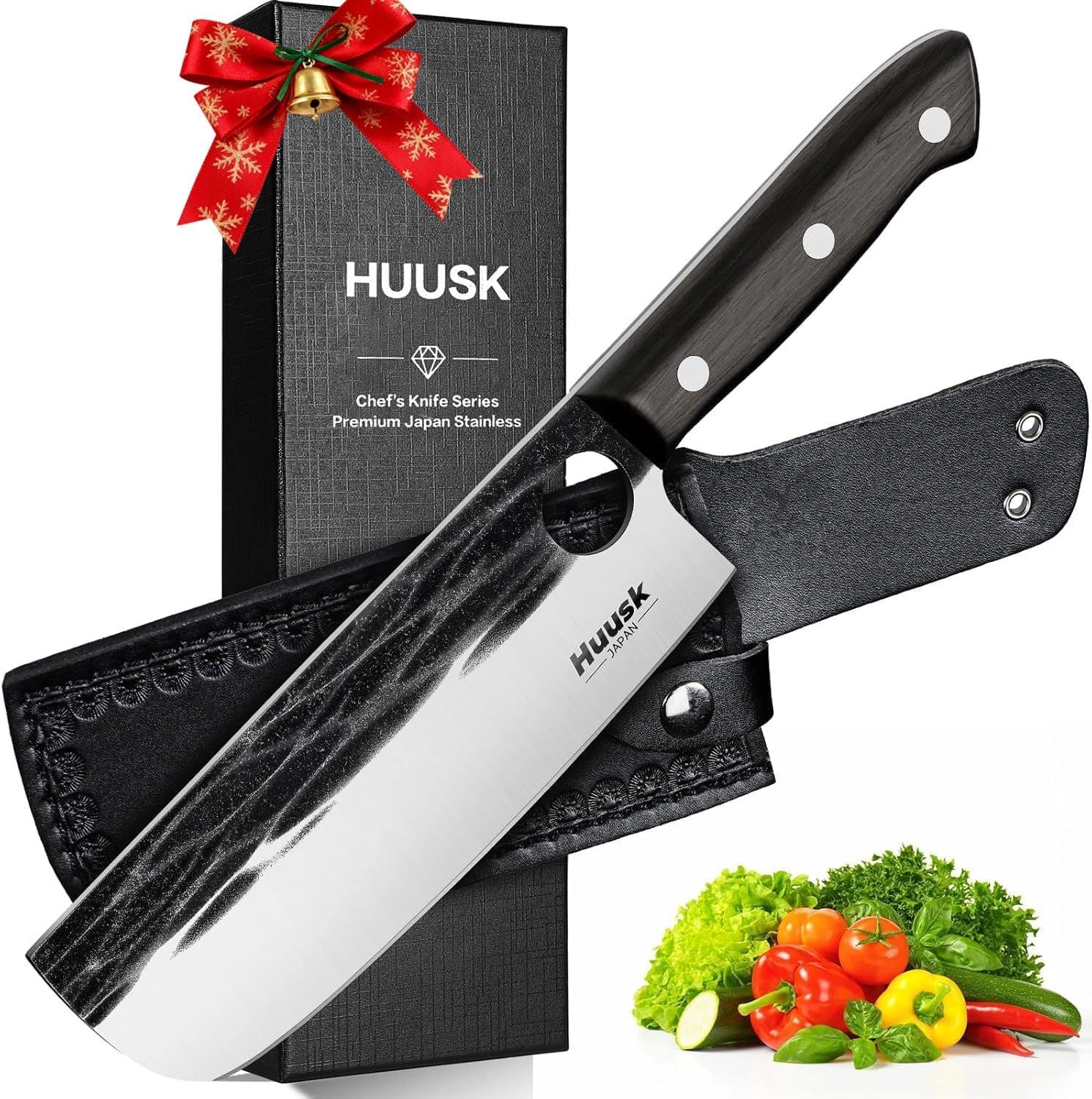 Huusk Japanese Nakiri Knife, 7 Inch Vegetable Chopping Knives with Full Tang Design, Hand Forged Cleaver with Ebony Handle, Japanese Kitchen Knife for Meat Cutting,Christmas Gift for Men and Women