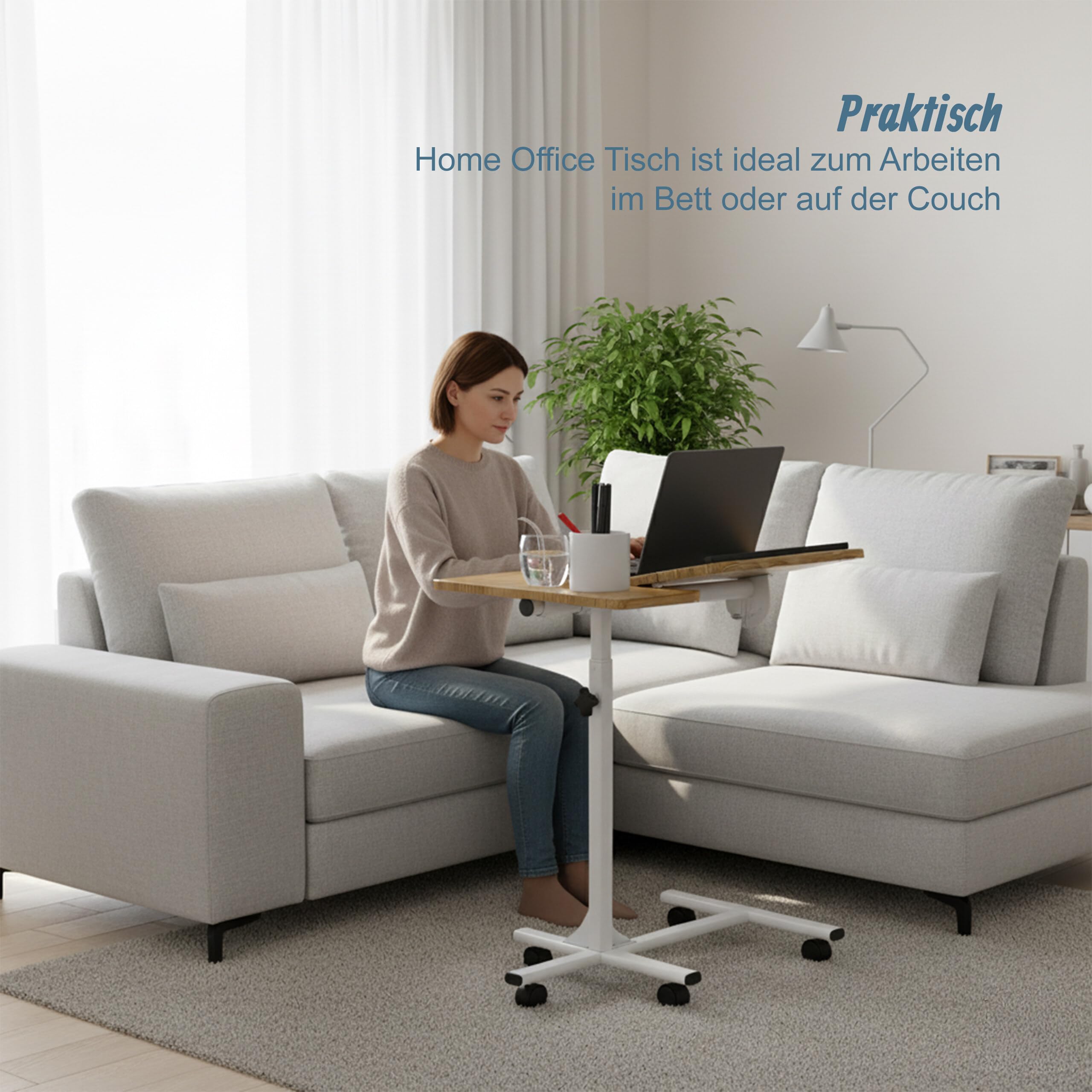 Relaxdays Laptoptisch höhenverstellbar, rollbar, neigbare Tischplatte, Mausablage, HBT: 68-88 x 61 x 40 cm, braun-weiß