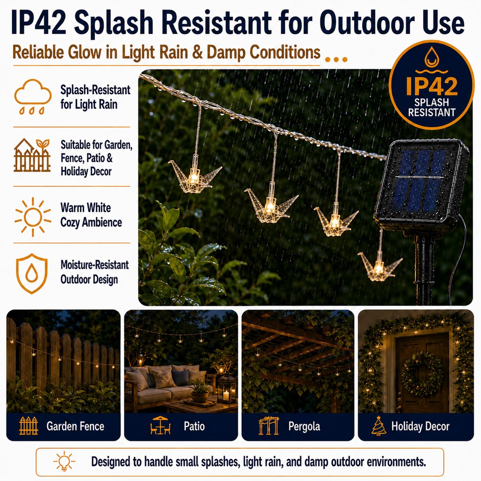 Hiseng Catena Luminosa Esterna Solare, LED Luci Solari Esterno da Giardino a Forma a Mille Gru di Carta, Lampade Solari Impermeabili per Campeggio, Terrazzo, Balcone (Bianco caldo,22m 200LED)