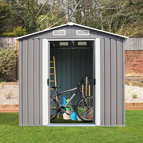 Miniatura 6 de KINTNESS Cobertizo de almacenamiento de metal para exteriores de 6 x 4 pies, cobertizo de herramientas de acero galvanizado con puerta con doble