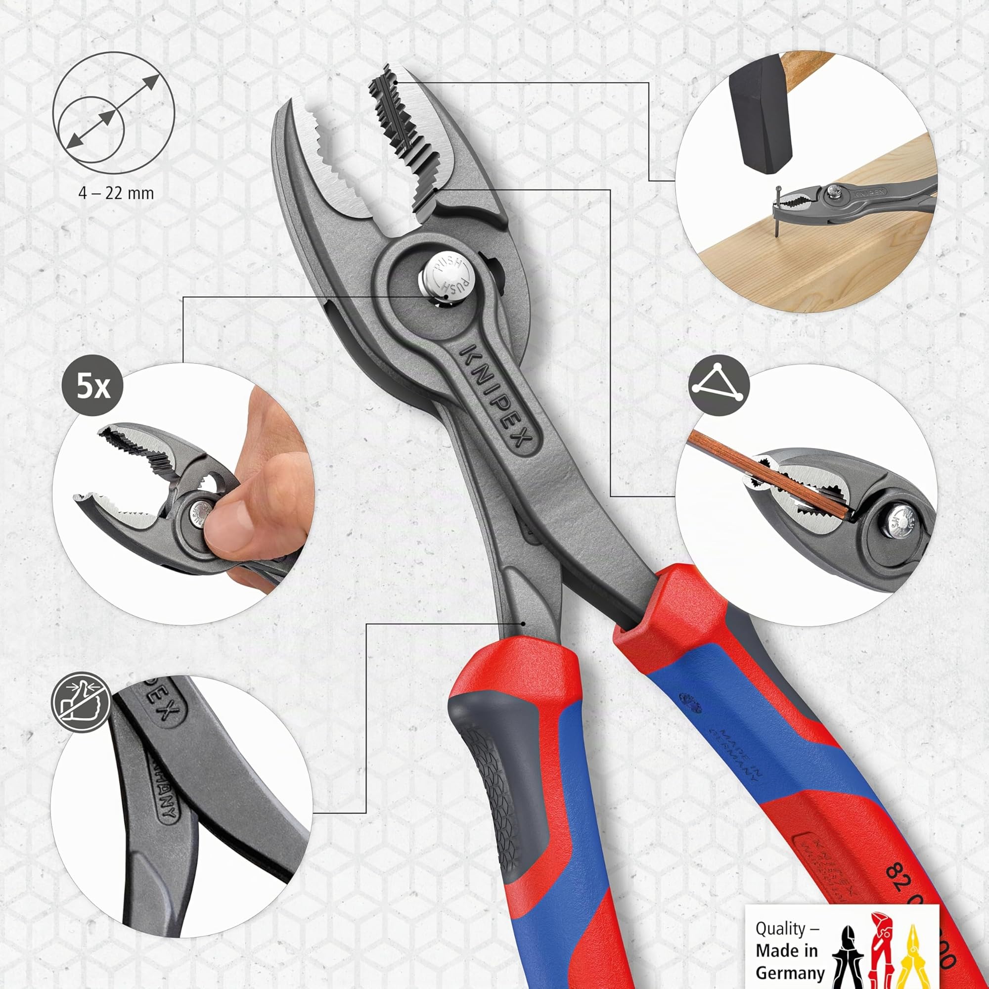 Knipex TwinGrip Pince multiprise frontale, 200 mm, 4-22 mm, préhension frontale et latérale, articulation entrepassée avec bouton-poussoir, 82 02 200