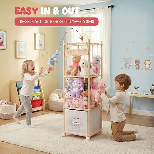 Miniatura 6 de Zoo de almacenamiento de animales de peluche con cajón de tela extraíble y ruedas de bloqueo, organizador de juguetes de madera 2 en 1 para ahorrar