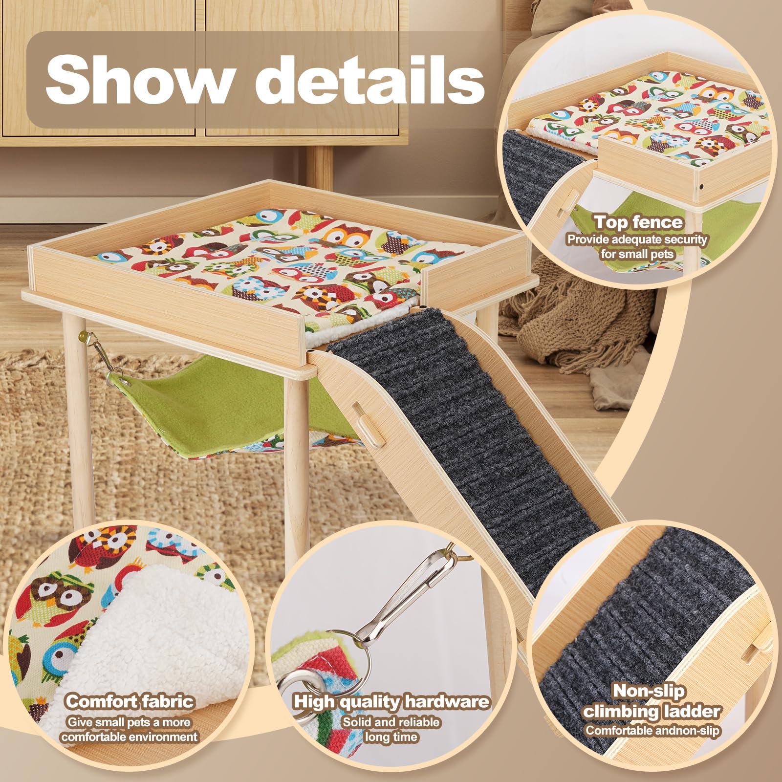 Meerschweinchen-Hängematte mit Rampe, Holz Meerschweinchen Versteck Spielzeug mit Plattform, Meerschweinchen Zubehör Schloss mit weicher Matte & Treppe für Käfig Kleintiere Hamster Chinchilla Igel