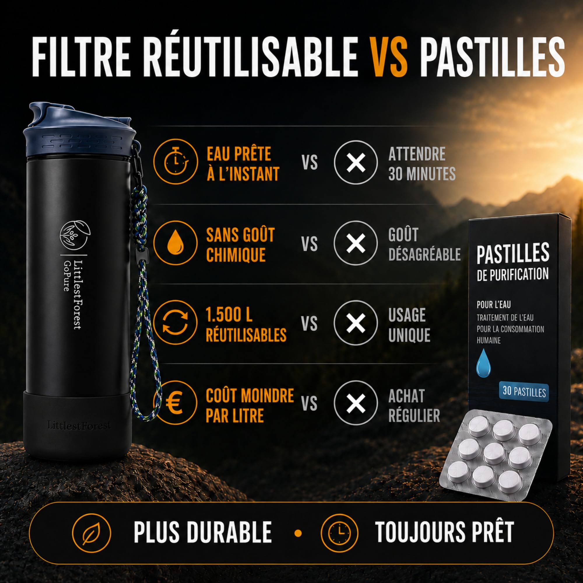GoPure Gourde Filtrante 800ml 1500L Randonnée Sans BPA