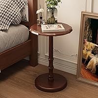 Vista 6 de Mesa auxiliar redonda con pedestal 100% de madera maciza, mesa auxiliar vintage, mesa de acento antigua resistente para espacios pequeños, mesita