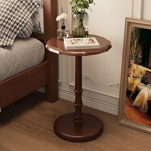 Miniatura 6 de Mesa auxiliar redonda con pedestal 100% de madera maciza, mesa auxiliar vintage, mesa de acento antigua resistente para espacios pequeños, mesita de