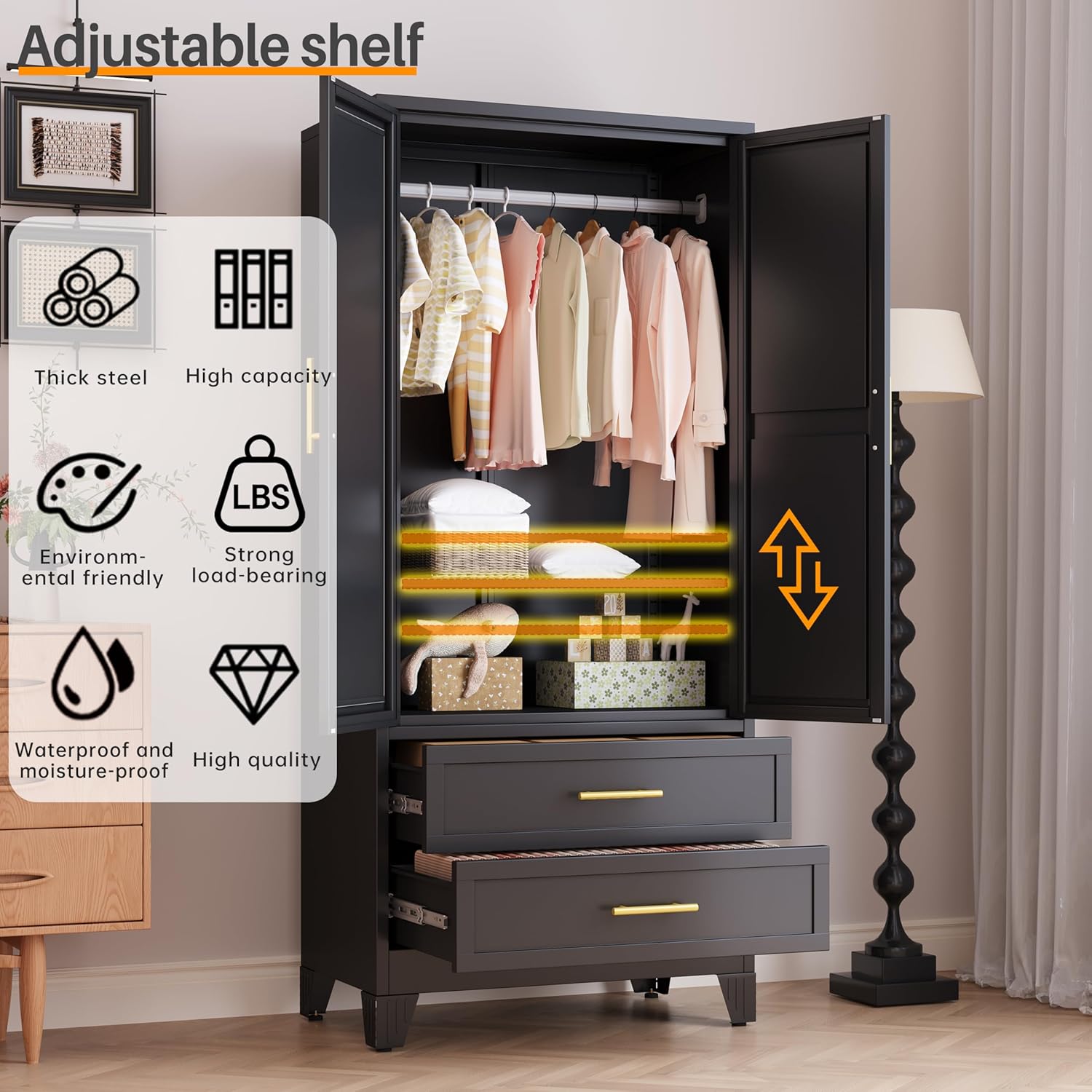 RIETERN Metal Armoire Wardrobe Closet, 71" Tall Bedroom Closet with Mirror, 2 Drawers, Adjustable Shelves, and Hanging Rod, Steel Clothes Closets and Storage, for Bedroom Black