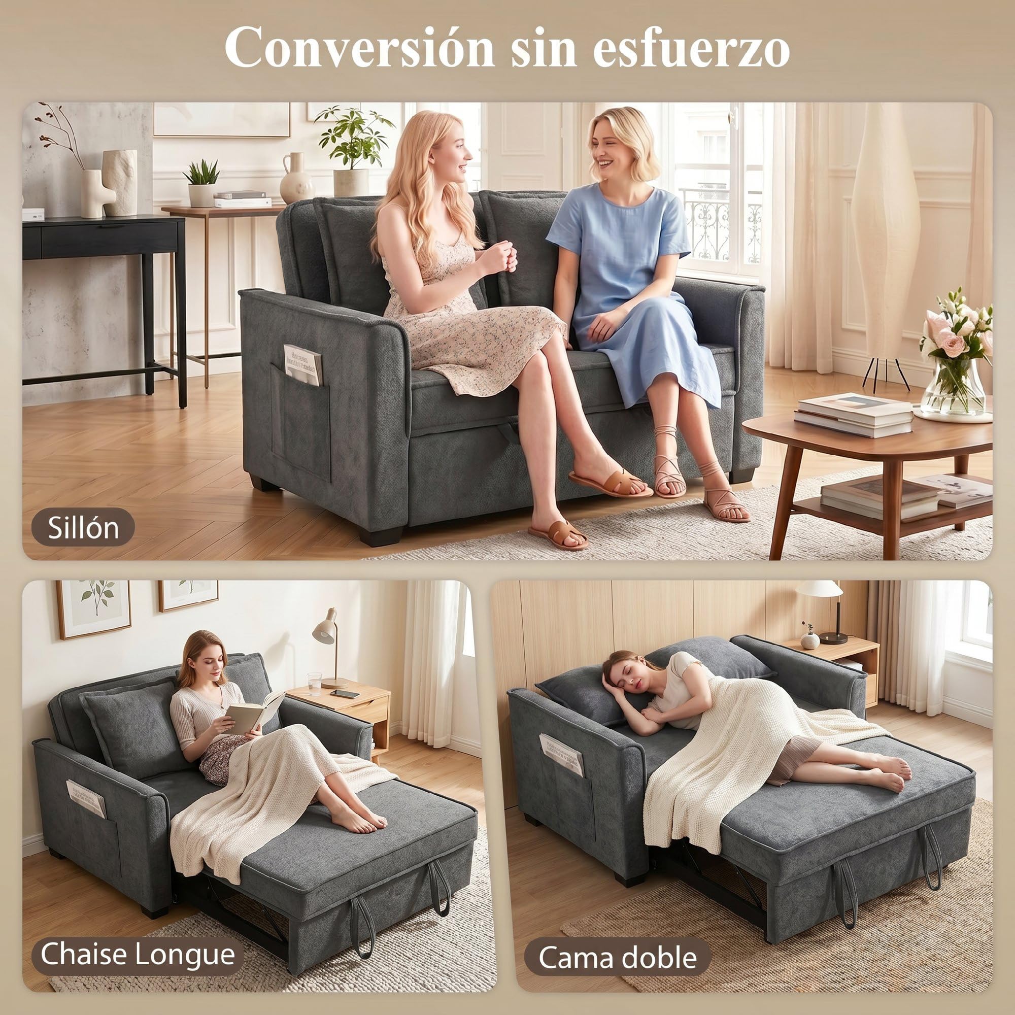 HOMCOM Sofá Cama 2 Plazas 3 en 1 Respaldo Ajustable Gris Oscuro | Sofá Cama Tejido Rizo, 3 Niveles, Bolsillos Laterales, 2 Almohadas con Fundas Extraíbles, Sala de Estar, Espacios Pequeños