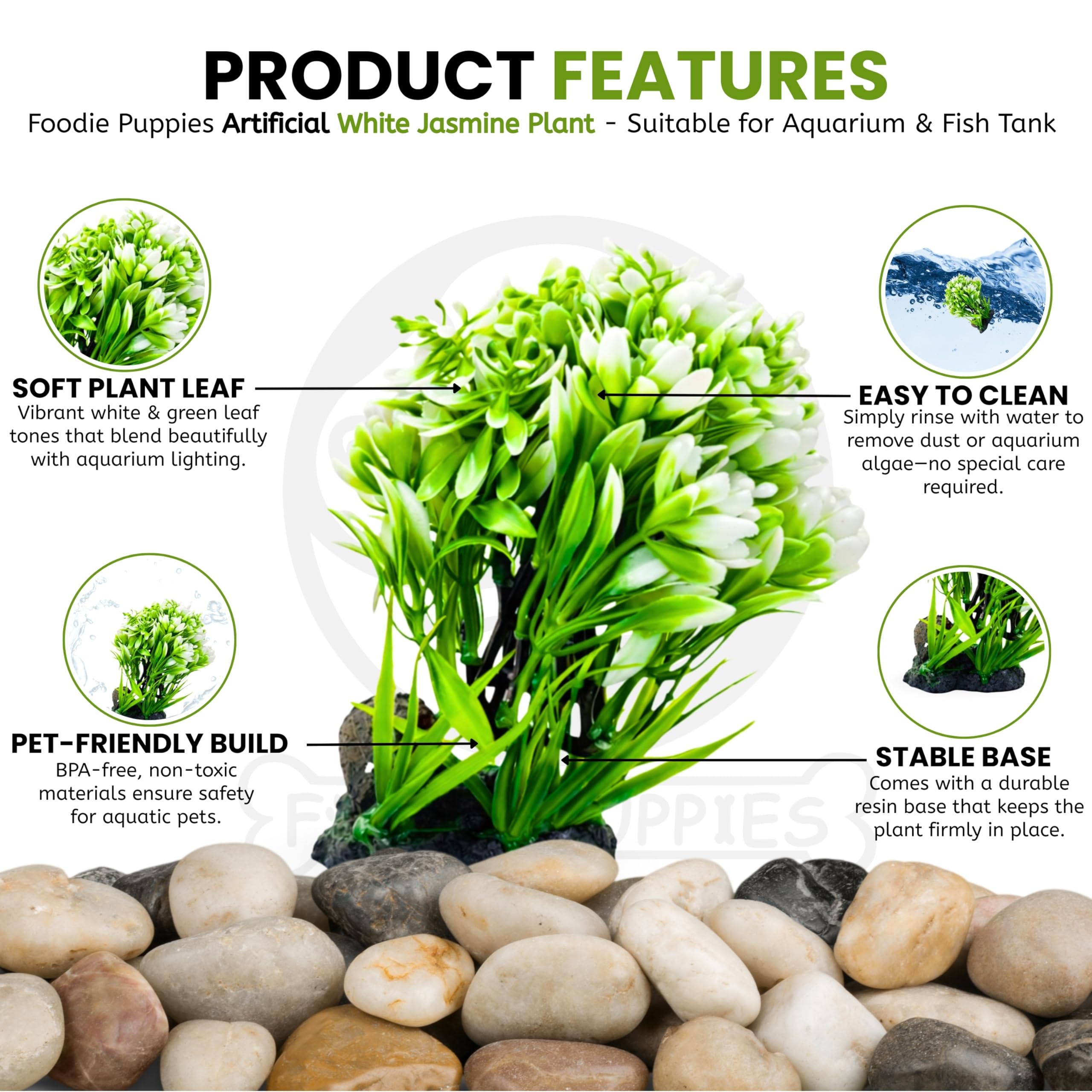 Foodie Puppies Aquarium Plastic Plant with Resin Base Decor - (White Jasmine Plant, 6.5 x 4 x 13 cm) for Fish Tank Ornament Accessories, Freshwater & Saltwater Natural Looking Artificial Plant 2