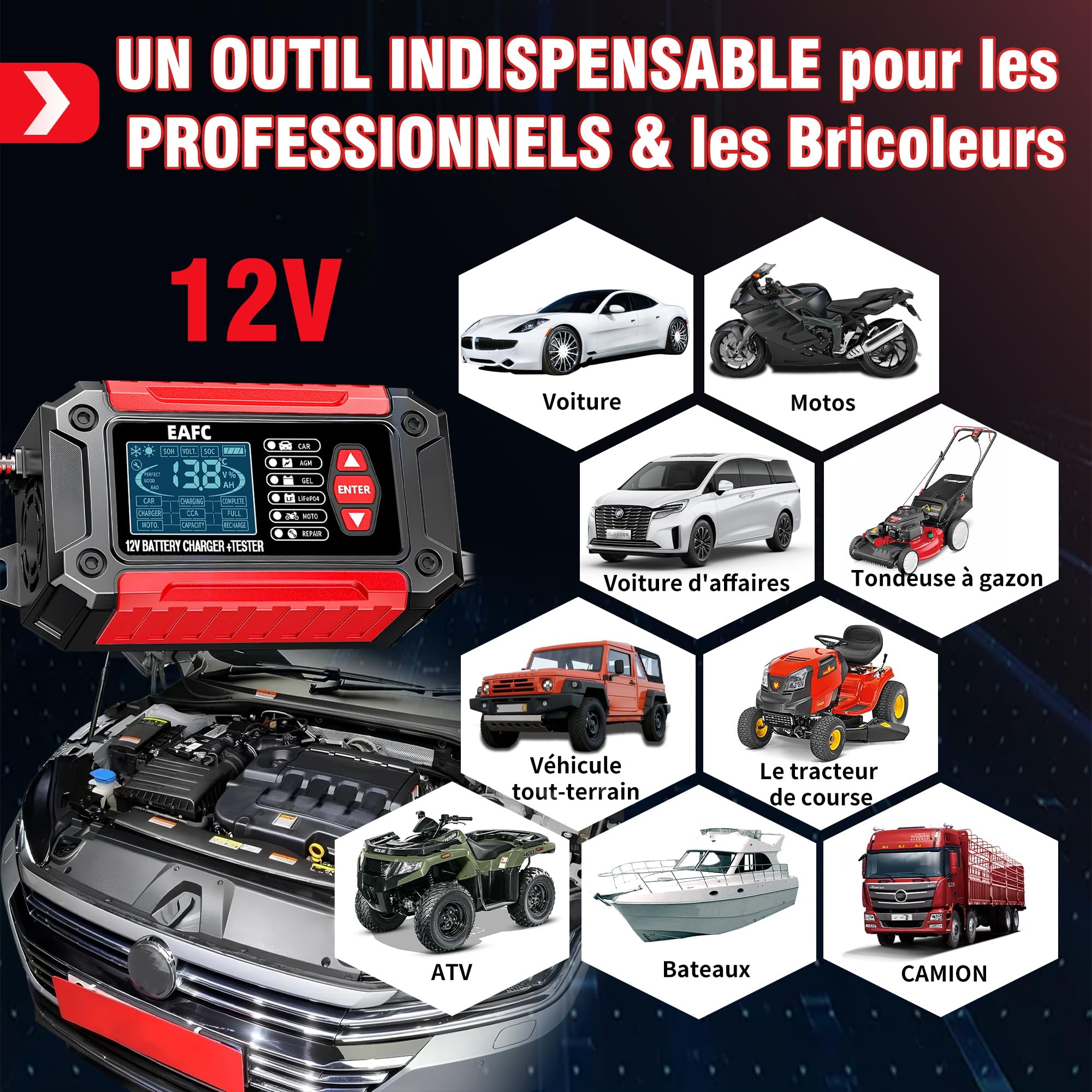 Testeur de Batterie de Voiture et Chargeur de Voiture Tout-en-Un EAFC12V6A Testeur de Batterie Chargeur pour Moto, Camion, AGM LiFePO4 Outil de Diagnostic de Batterie