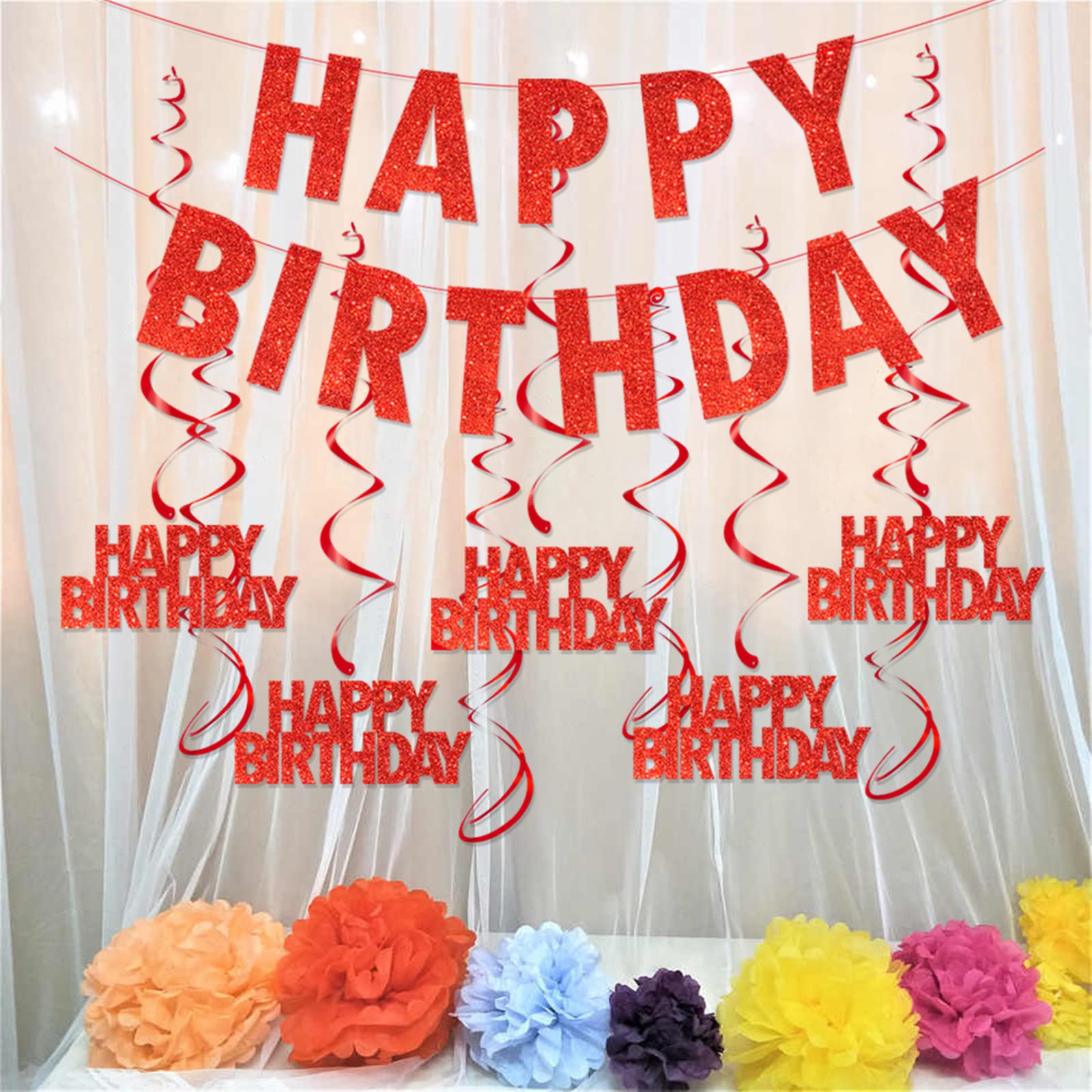 Kit de décoration d'anniversaire - Rouge et blanc - Bannière avec ballons - Confettis - Ballons triangulaires - Guirlande Happy Birthday - Décoration de fête