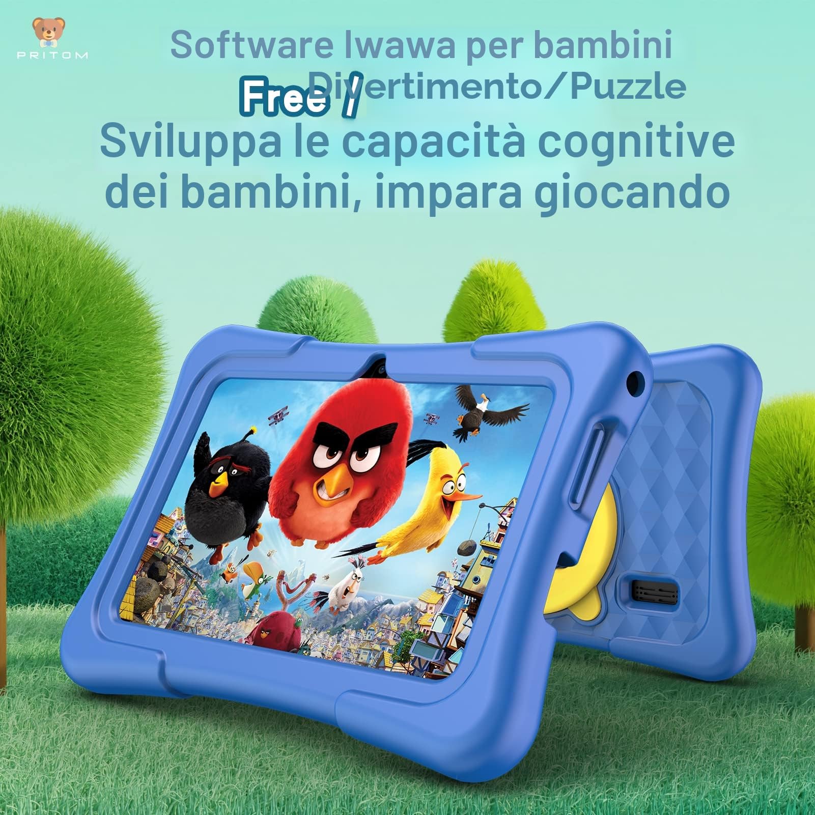 PRITOM Tablet per bambini 7 pollici Android 11, 2 GB RAM 32 GB ROM BT WiFi Doppia fotocamera Giochi educativi Controllo genitori Software con custodia per tablet di tipo C blu