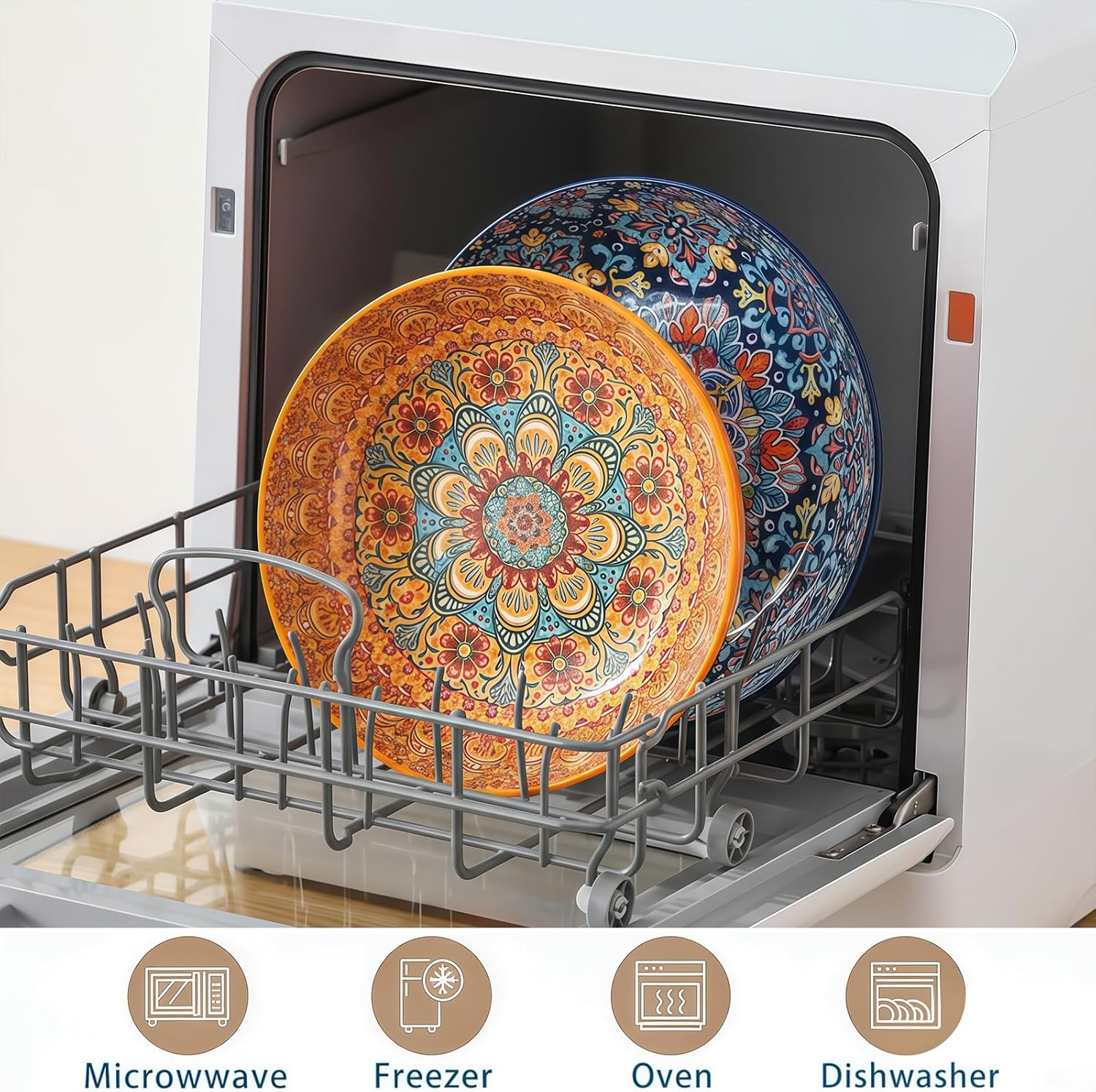 4-Piece Bohemian Style Ceramic Bowls - 10-inch baking dishes, 68 oz capacity, suitable for side dishes, condiments, soy sauce, etc. Safe for use in microwave and oven.