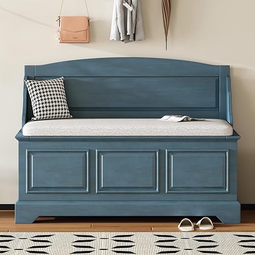 Miniatura 22 de P PURLOVE Banco de almacenamiento de estilo rústico de 42 pulgadas con bisagra de seguridad, banco de almacenamiento multifuncional de madera maciza