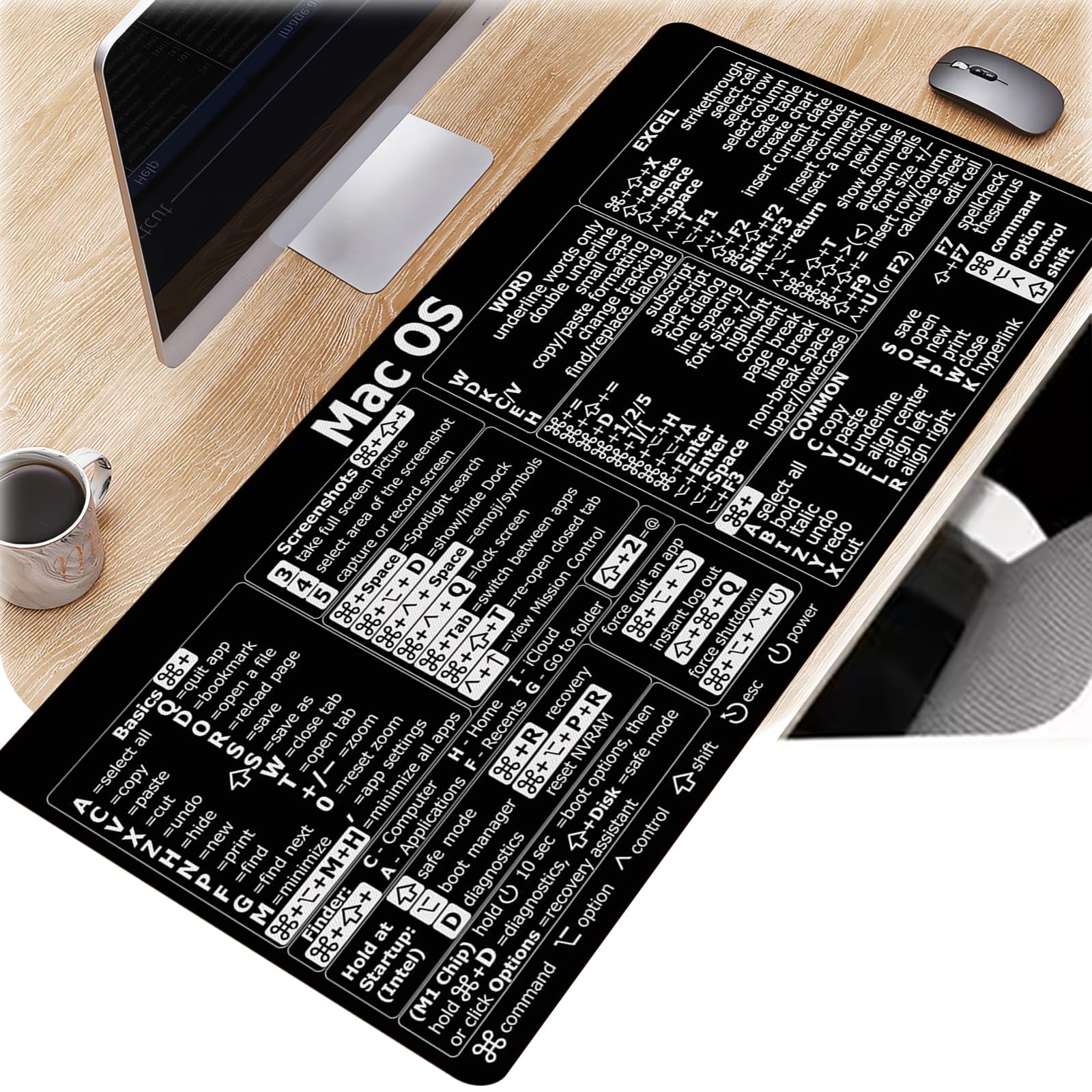 Word/Excel (for Mac) Mouse Pad,Mac OS Shortcuts,Mac OS Candlesticks Reversal Indicators Mouse Mat,Keyboard Shortcut Mouse Pad,Office Software Excel Shortcuts Mousepad Size 15.7" x 35.4" (Black-B-L90)