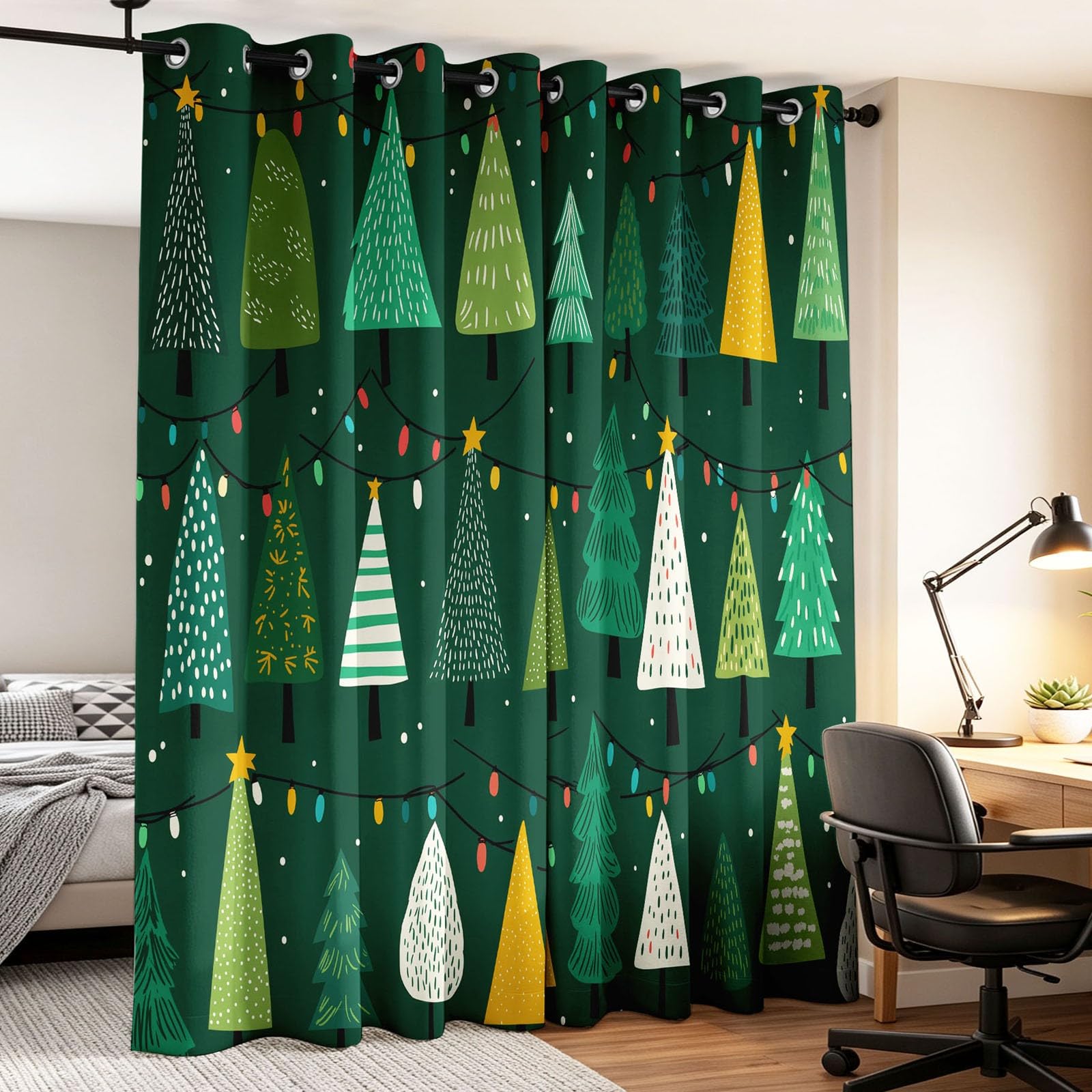 Verdunklungsvorhänge 2er Set mit Ösen, Blickdichte Gardinen Schalldämmend Lärmschutzvorhang für Kinderzimmer Wohnzimmer Festlich Weihnachten Fröhlich Weihnachtsbaum Lichterkette, H 175 x B 140 cm