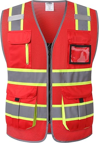 Miniatura 9 de JKSafety Chaleco de seguridad de malla de alta visibilidad con 9 bolsillos para hombres y mujeres, chaleco reflectante de seguridad, cremallera