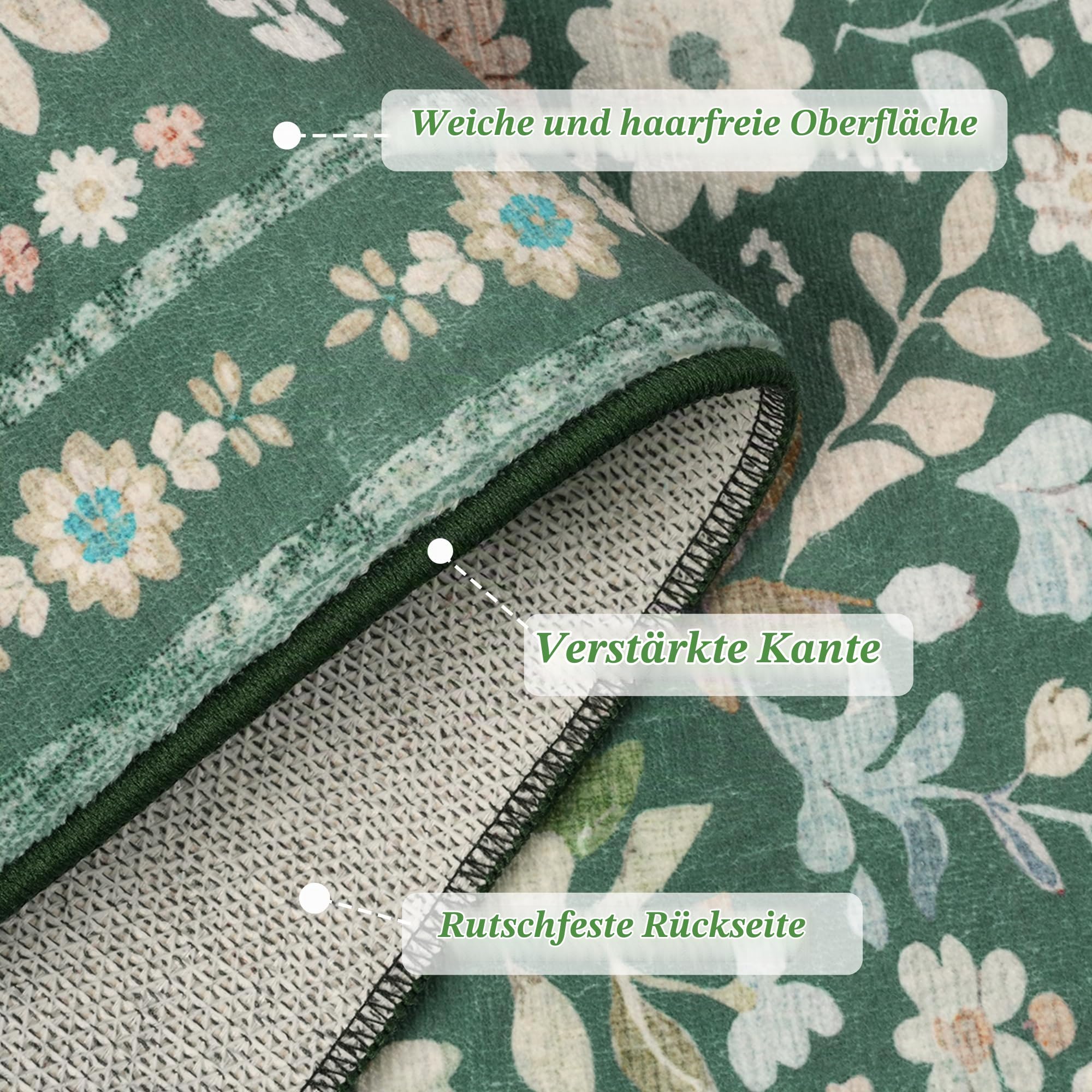 Homcomodar Blumen Teppich Läufer Flur rutschfest 80x300cm Läufer Küche Vintage Boho Teppiche Waschbar Küchenläufer Küchenteppich Grün Teppichläufer für Flur Küchen Eingang Wohnzimmer Schlafzimmer