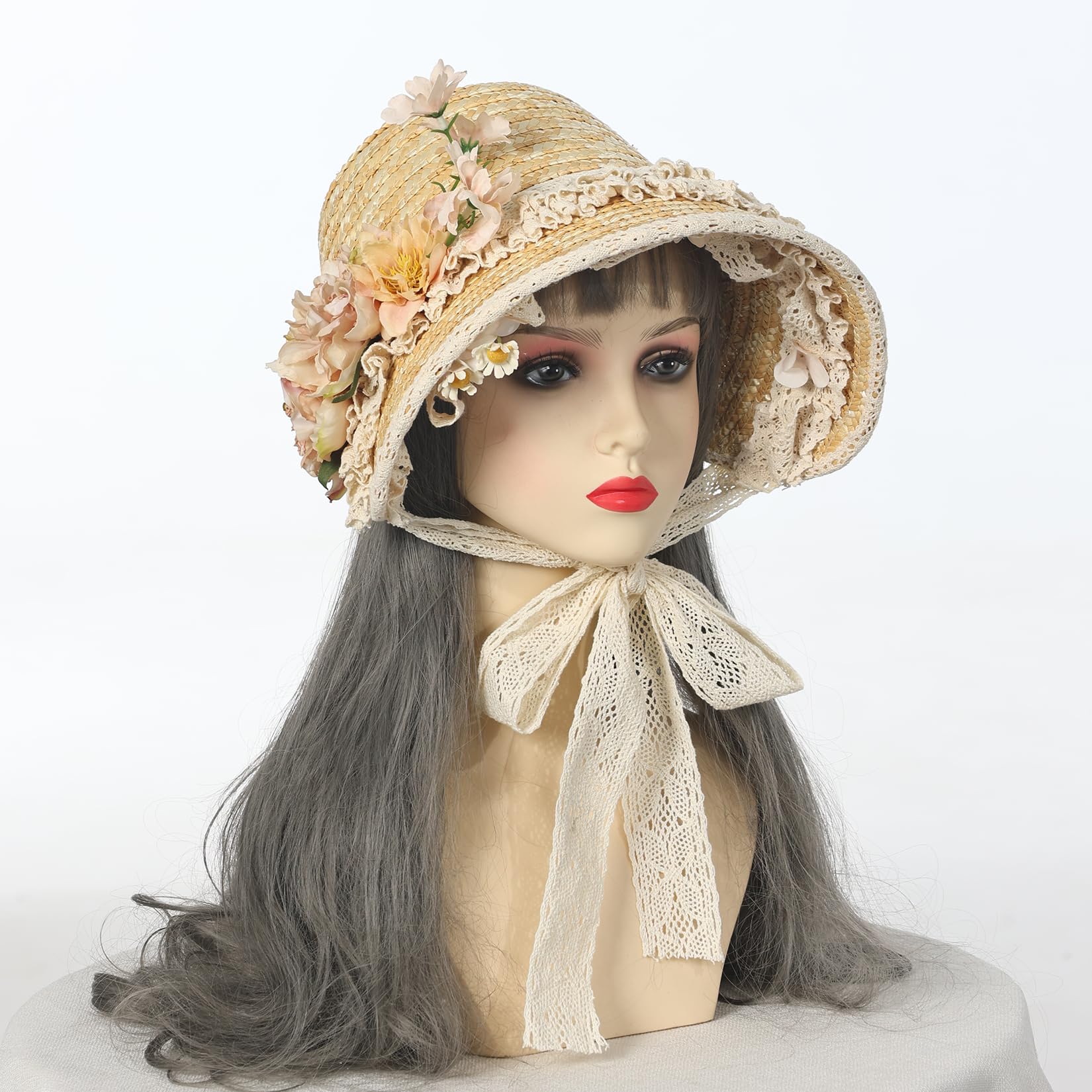 CAMDOM Sombrero Victoriano para Mujer, para Fiesta de té, con Lazos, Flores, Sombrero de Paja Plano, Color marrón