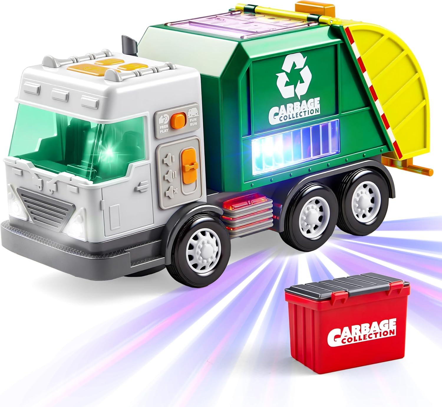 led garbage truck toy set includes dumpster, toy truck with mode switch & volume control, trash vehicle with lights and sounds, automatic bump & go car