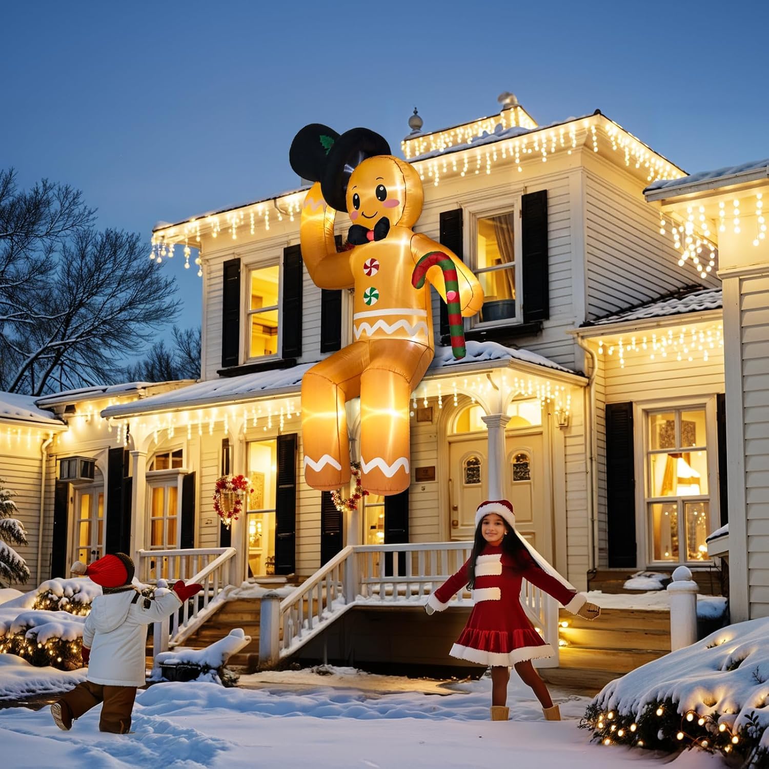 300CM Aufblasbare Weihnachtsdeko Außen, 10FT Kletternd Lebkuchenmann Deko Weihnachtsdekoration mit LED, XXL Weihnachtsdeko Aussen IP44 Wetterfest für Dach Außen Innen Garden Rasen