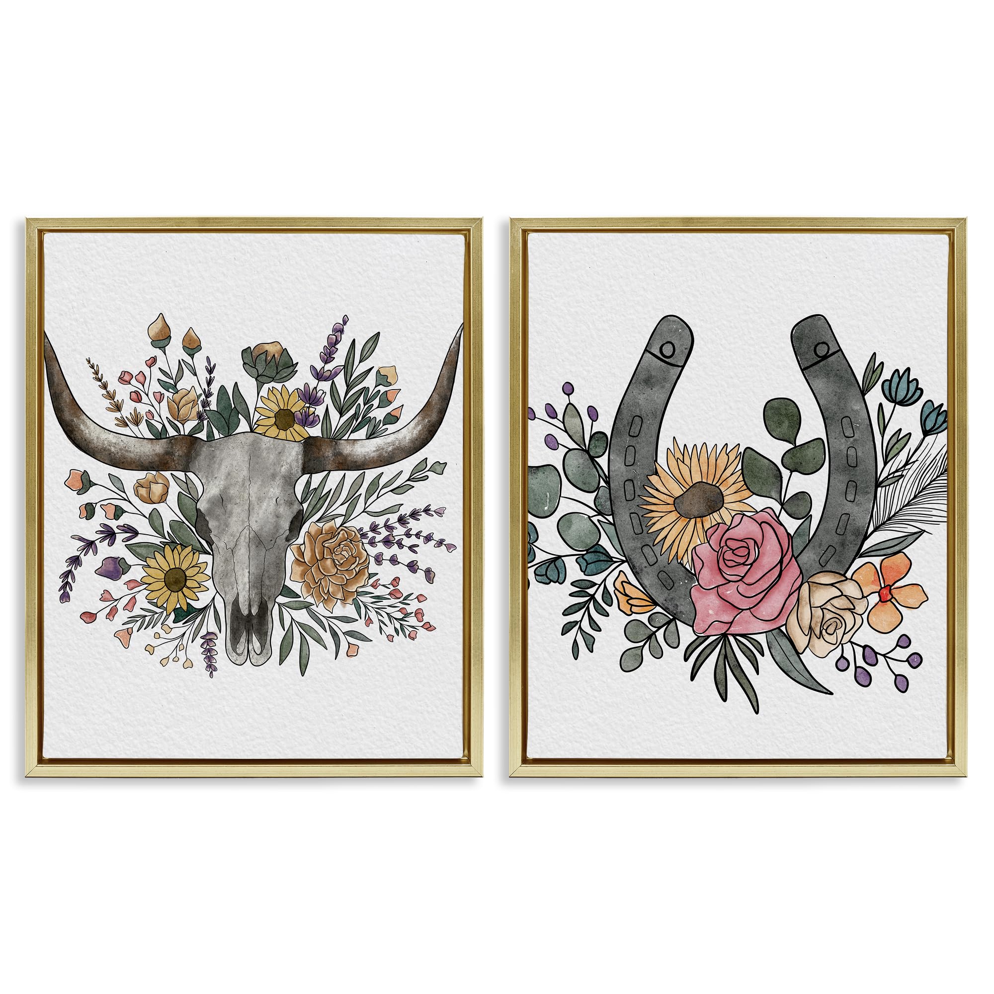 Stupell Industries 'Boho Longhorn & Horseshoe', 2pc Floating Frame Art Set 2, Gold, 17 x 21 Inches, Easy to Hang and Sturdy, Made in USA, by Alisha Kiara Design