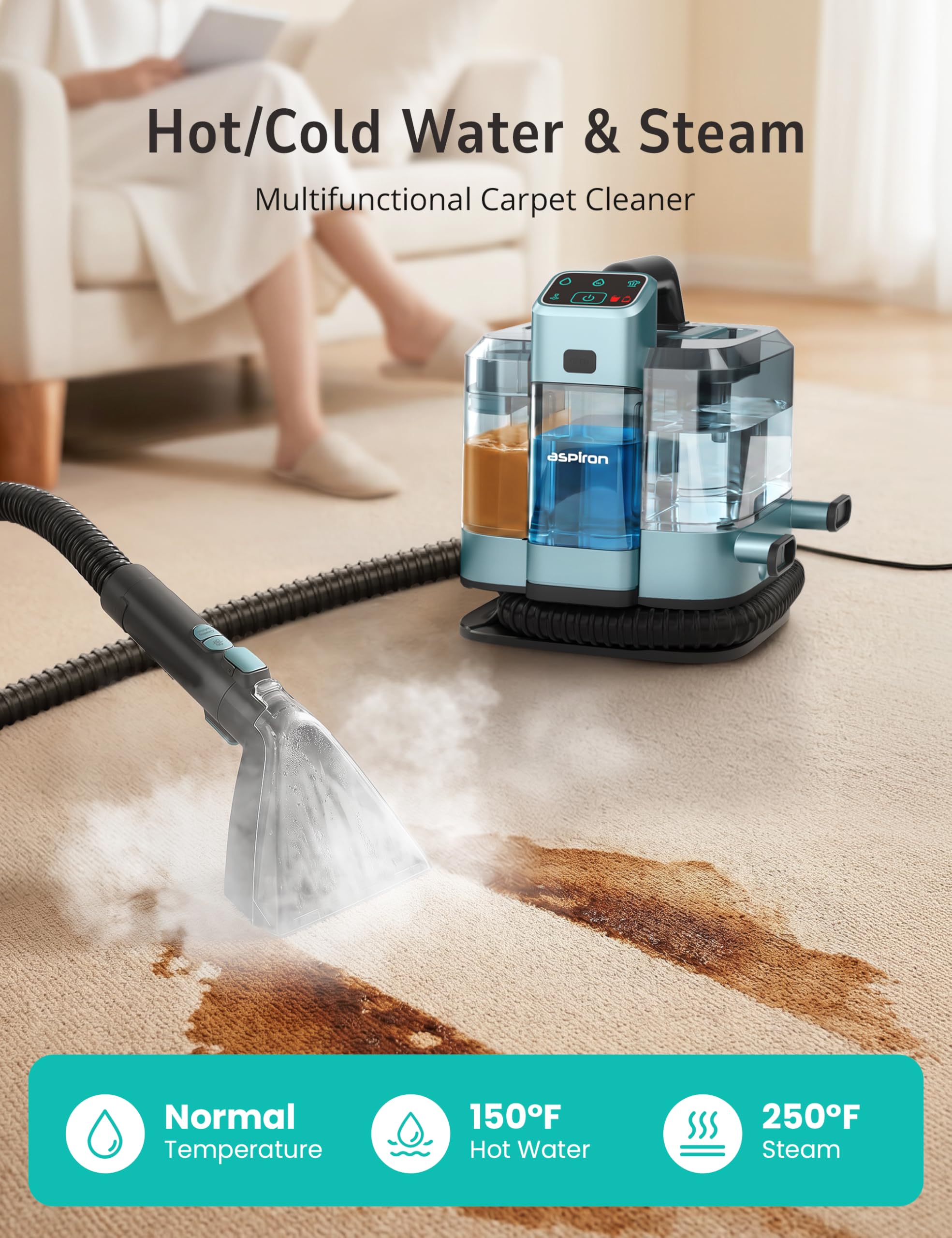 Aspiron Machine de nettoyage de moquette multifonction 20 KPA/1600 W, nettoyeur vapeur professionnel, 9 brosses, réservoir d'eau de 1,7 l, solution de nettoyage de 300 ml, cordon de 5 m, pour tapis