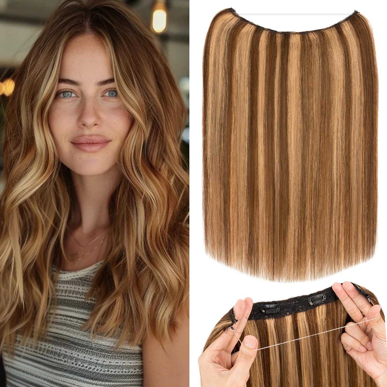 Photo 1 of *** factory sealed ***
Rich Choices Halo Hair Extensions Real Human Hair Remy Invisible Wire In Hairs Extensions Human Hairs Clip in HairPiece Straight 16 Inch #4P27 Medium Brown Highlight Dark Blonde