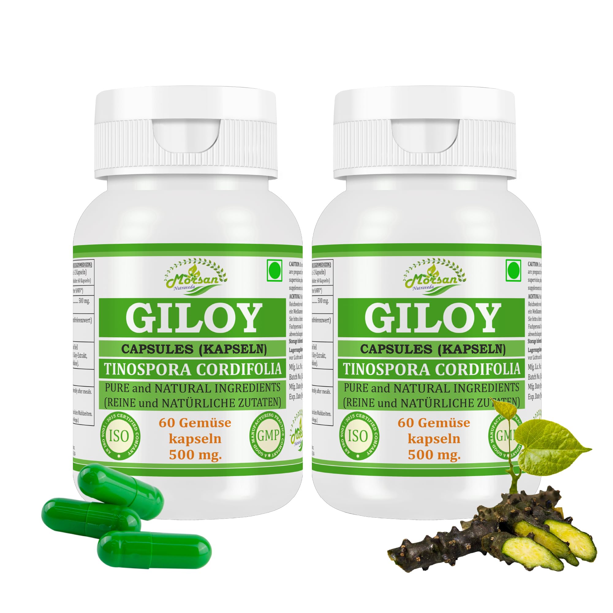 Giloy (Guduchi) Capsule 500 mg – 60 Capsule vegane | Estratto di Tinospora cordifolia ad alto dosaggio (10:1) | Integratore alimentare ayurvedico per uomini e donne (2 flacone da 60 capsule)