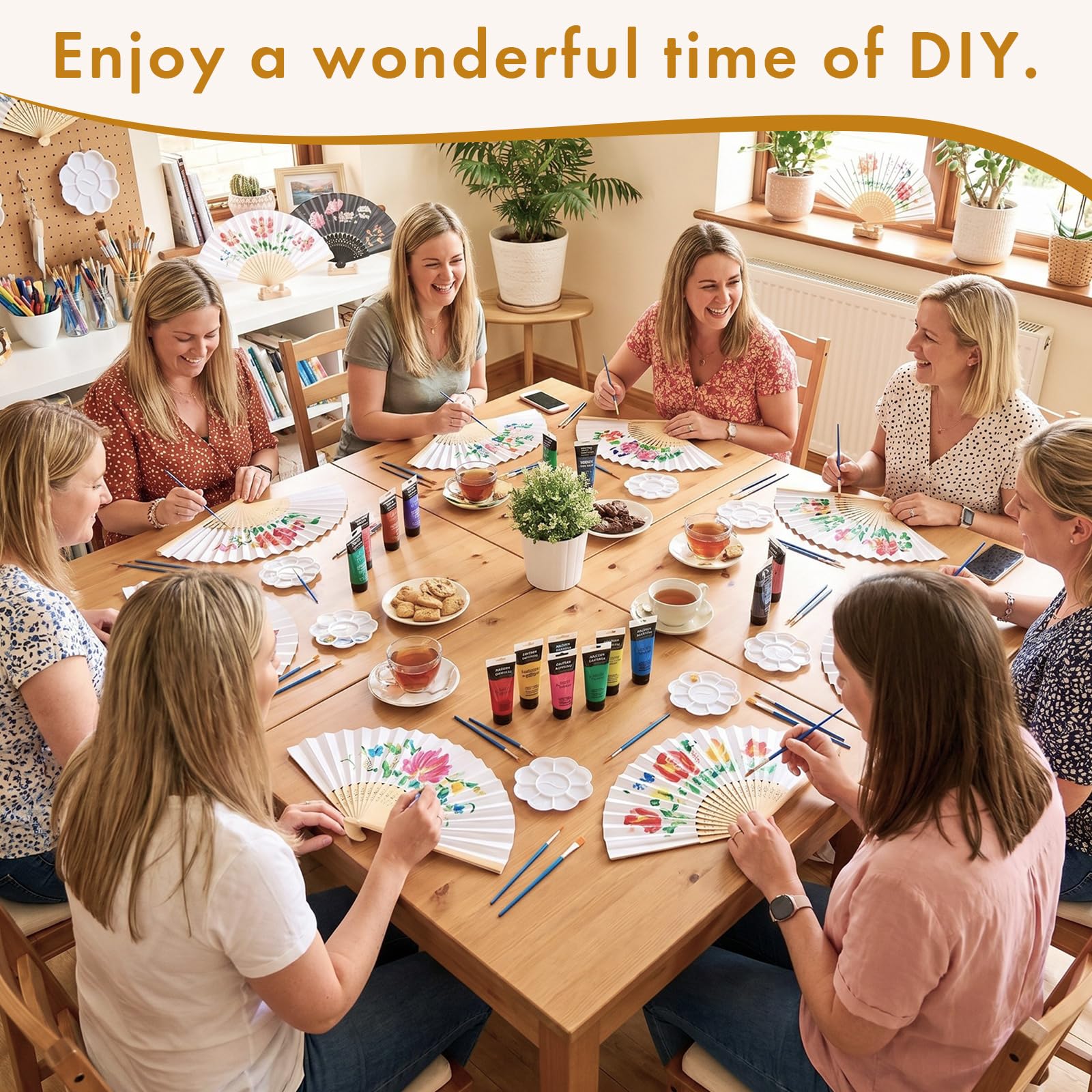 Roowest 12 Set DIY Papierfächer Kit Weiß Faltbare Dekorative Handfächer Bulk mit Farbpaletten und Pinseln für Malerei Party Klassenzimmer Gemeinschaft Kunst Aktivitäten Frauen Bachelorette Party