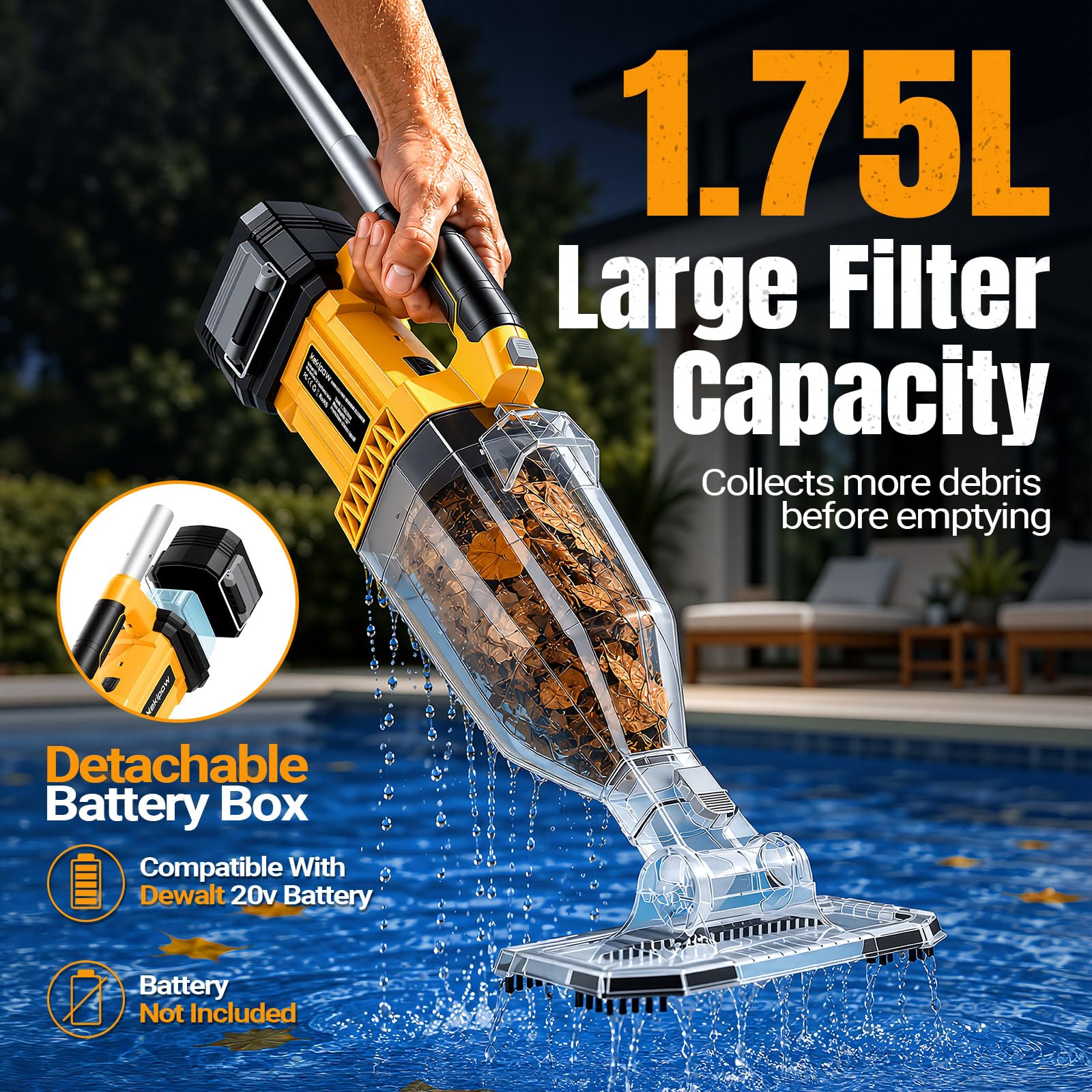 Aspiratore portatile senza fili per piscina compatibile con Dewalt, fuori terra | Piscina fuori terra, senza fili, portatile, compatibile con Dewalt, design portatile