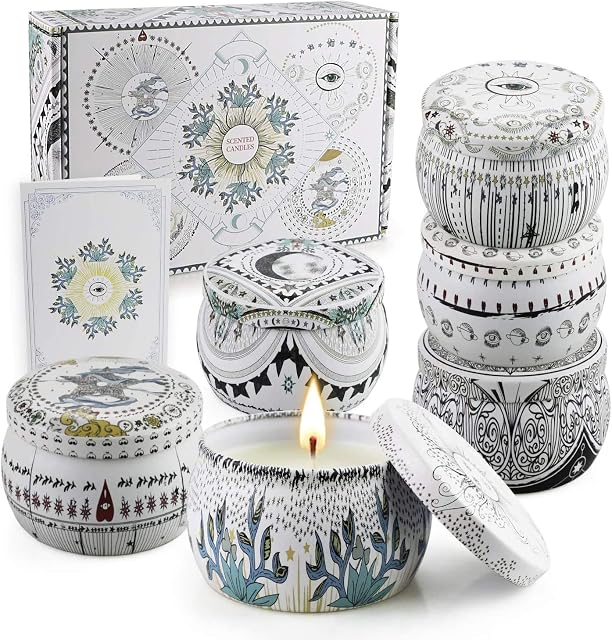 Scented Candles Set Gift for Her 6 Pack 4.4 Oz Natural Soy Wax Candles in Tarot Tin with Essential Oil for Home Fragrance Aromatherapy Gifts for Women Mum Friends Birthday Valentines Day Presents