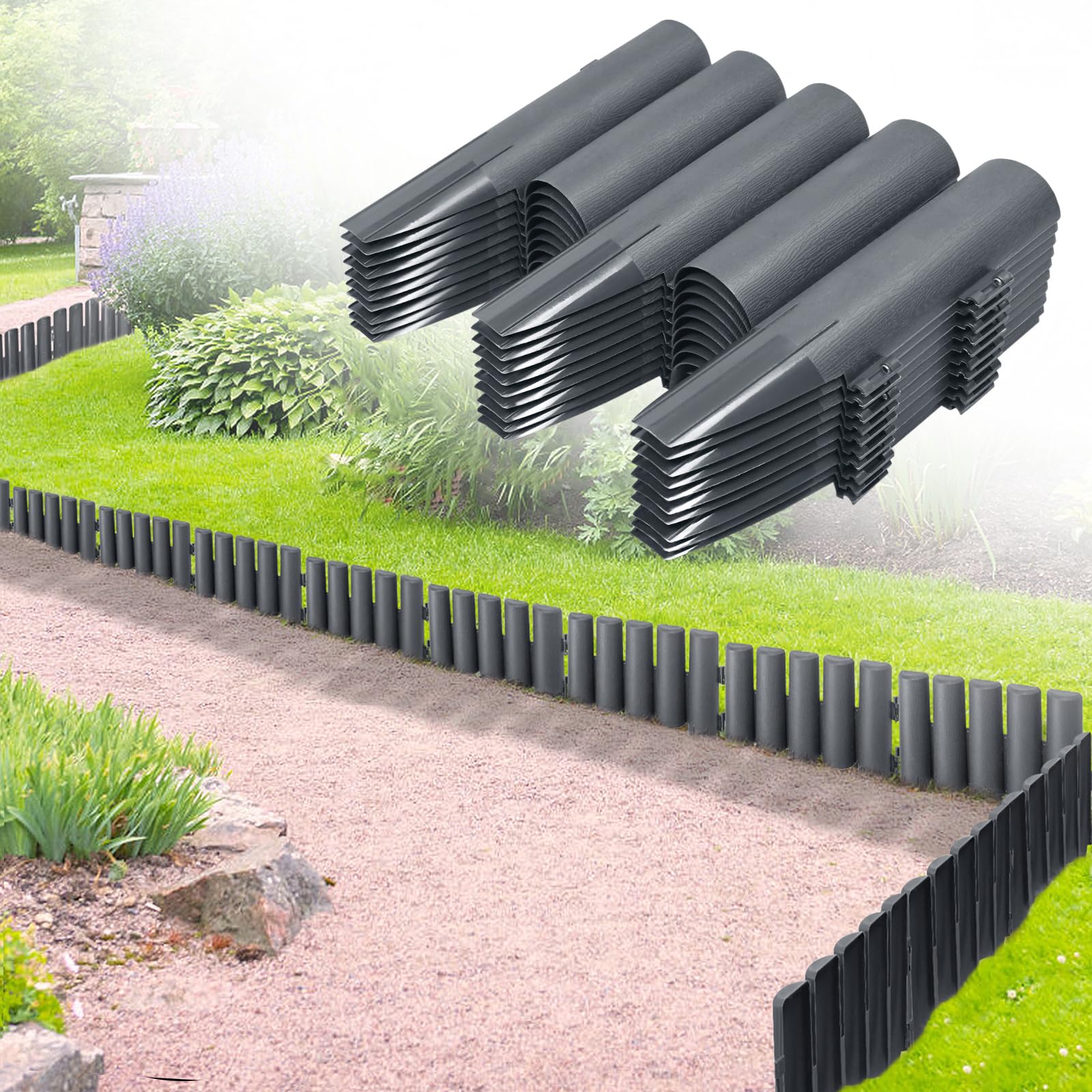 NAIZY Borde de plástico para jardín con aspecto de madera, borde de césped, piedra de borde, piedra de borde, color antracita, 28 cm x 24 cm, 50 unidades de 14 m