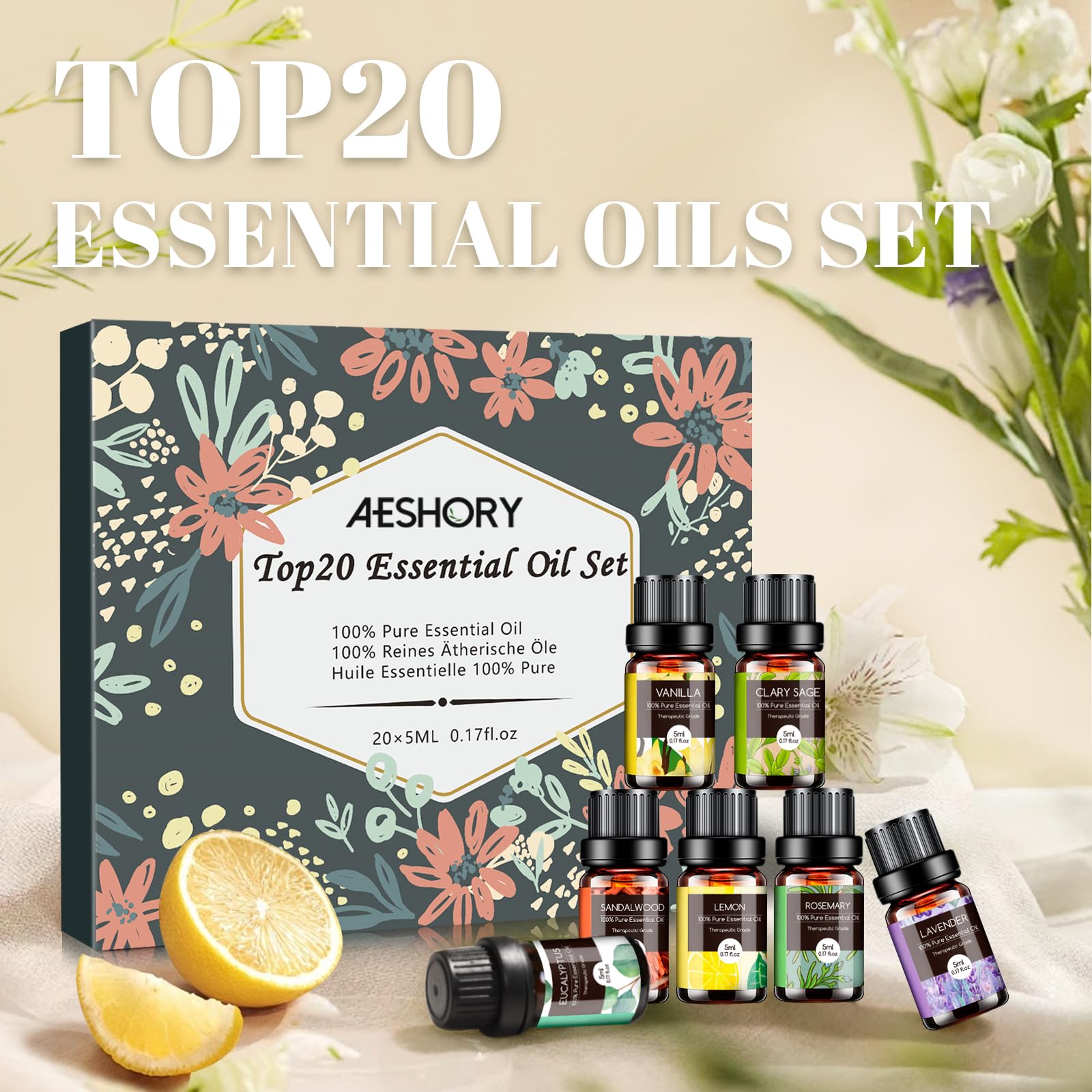 AESHORY Set di Oli Essenziali per Diffusori Umidificatore 20 x 5ML, Olio Essenziale Naturali per Aromaterapia, Candele Fai Da Te, Profumate, Massaggio, SPA - Lavanda, Tea Tree, Citronella, Incenso