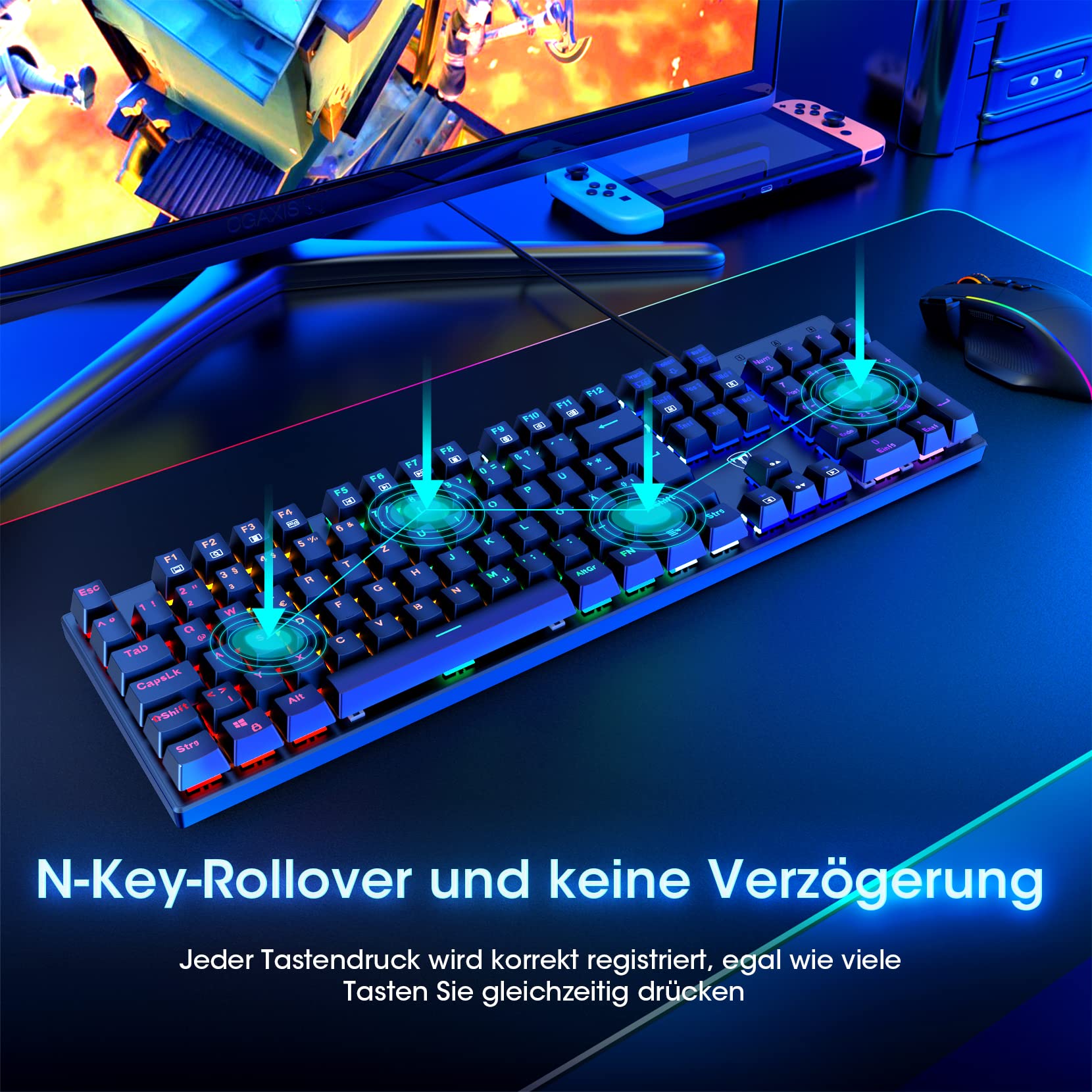 RisoPhy Mechanische Gaming-Tastatur, RGB 104 Tasten, ultraschlanke LED-Hintergrundbeleuchtung, kabelgebundene USB-Tastatur mit blauem Schalter
