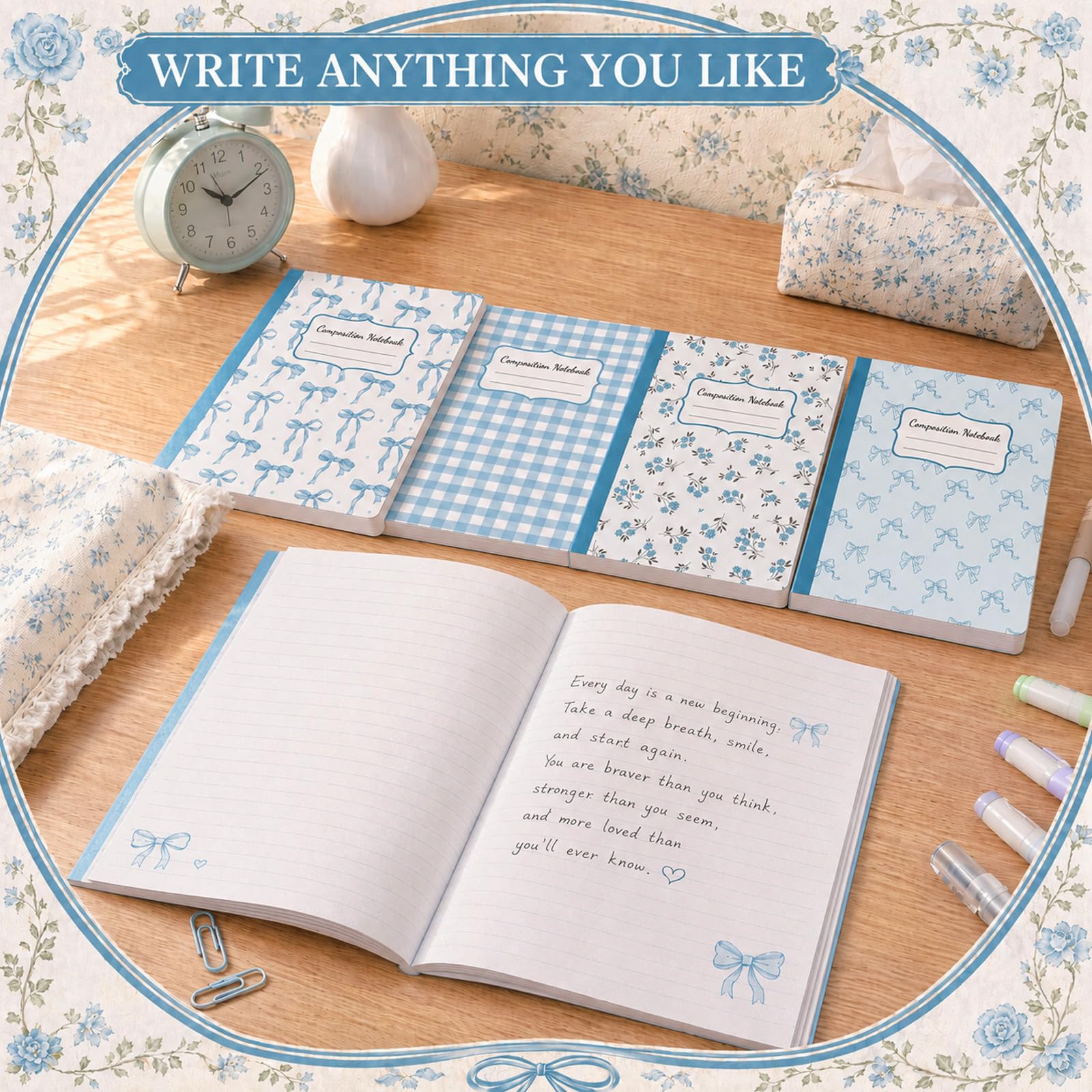 8 Pack Blue Bow Composition Notebooks Bulk Blue Notebook College Ruled Journal 100 Pages Cute Aesthetic Bow Composition Books Back to School Gift for Student Teacher Office Supplies 9.7x7.5 Inch
