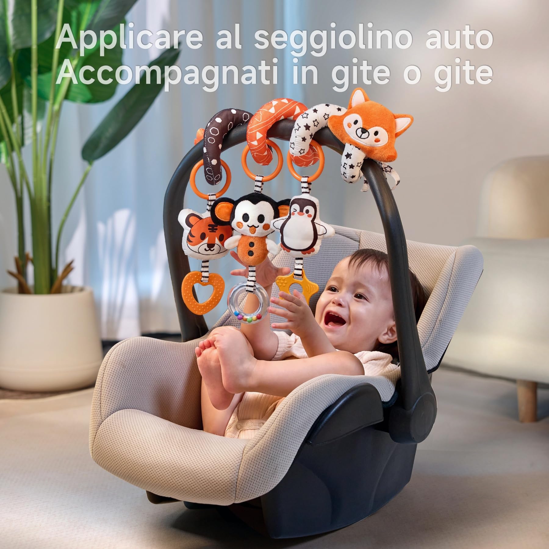 TUMAMA Giochi Spirale da Passeggino per Neonato 0 2 3 6 9 12 Mesi, Peluche Bianco e Nero Spiral Passeggini Giocattolo Gioco per Neonati Bambina Ragazzo, Volpe Culla Carrozzina con Sonaglio Teether