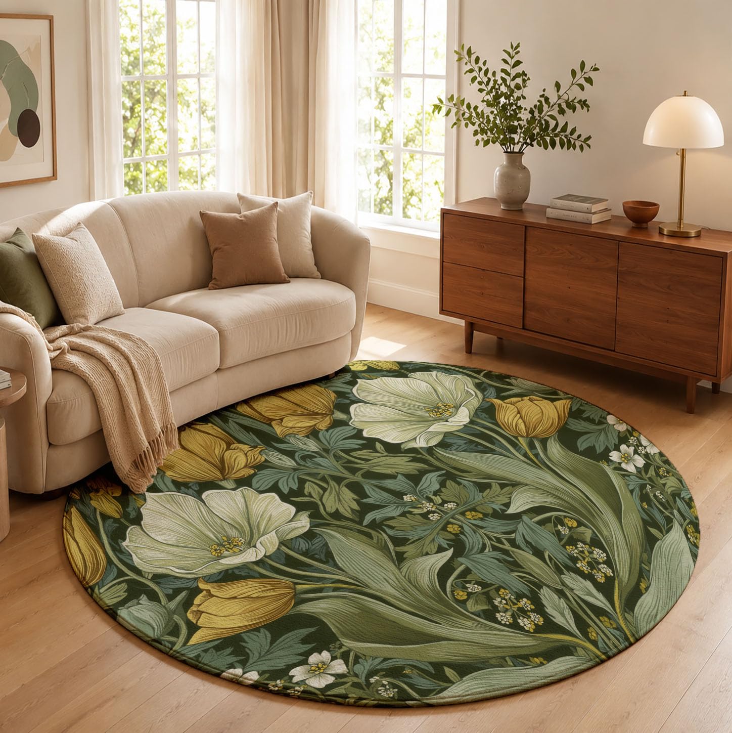Tulipani Jojoba Tappeto Rotondo Salotto, Morbido Floreale Retrò Tappetini Antiscivolo Tappeto per Bambini Cameretta Cucina Casa Zona Balcone Tappet Tavolino (Verde Salvia,Ø 100 cm)