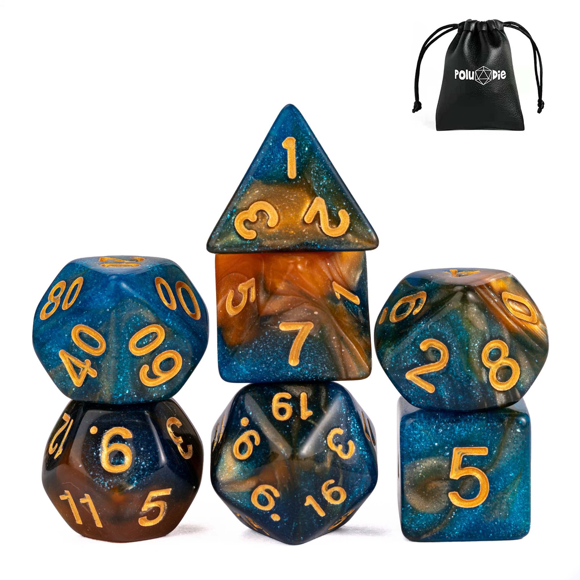 Lot de 7 dés DND polyédriques avec sac à dés en cuir, jeu de dés D&D pour Donjons et Dragons, jeux de table (bleu/jaune/pailleté)