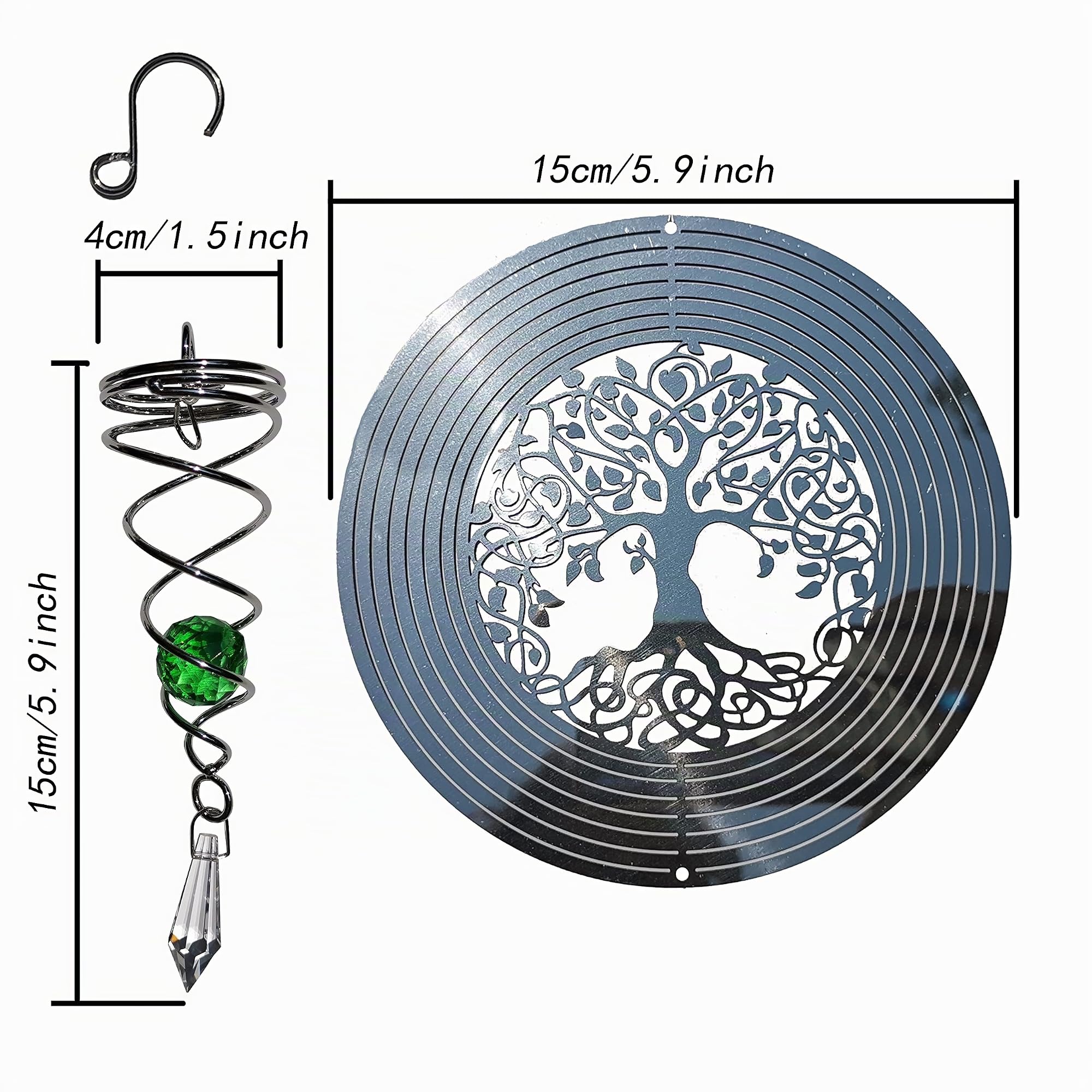 Carillon de jardin 3D en acier inoxydable - Ornements de fenêtre suspendus avec boule de gaze rotative et queue en spirale (arbre de vie)