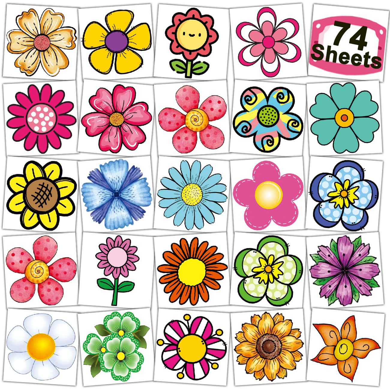 CHARLENT Flower Temporary Tattoos for Kids - 74 Individually Sheets