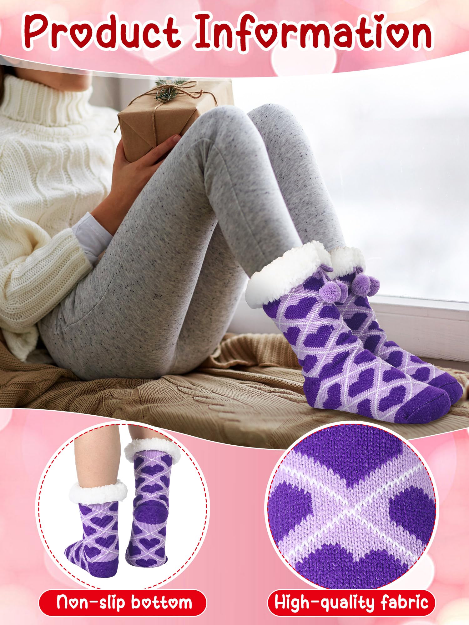 Berlune Galentines Day flauschige Hausschuhsocken für Damen, rutschfest, flauschig, Winter, warm, Lamm-Fleece, Herzsocken, für Freundin, die besten Freunde, Valentinstagsgeschenke, 6 Paar