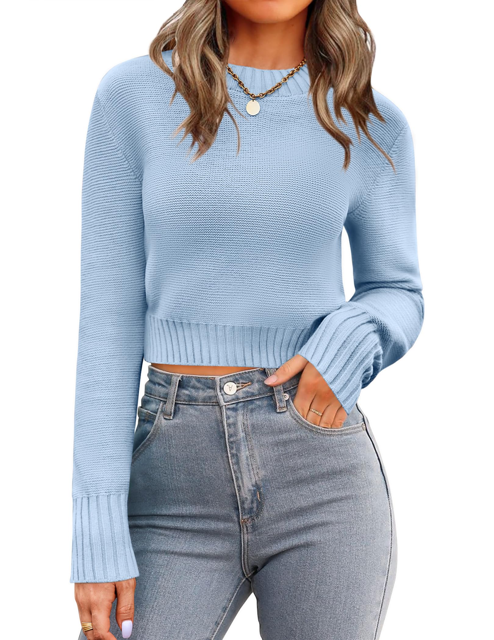 Zeagoo Women's 2026 Fall Crewneck Cropped Sweaters Long Sleeve Knit Tops | Basic Soft Cozy Ribbed Knitted Pullover,Trendy Winter Fashion Layer Cute Clothing,Going Out Business Casual Dressy Outfit